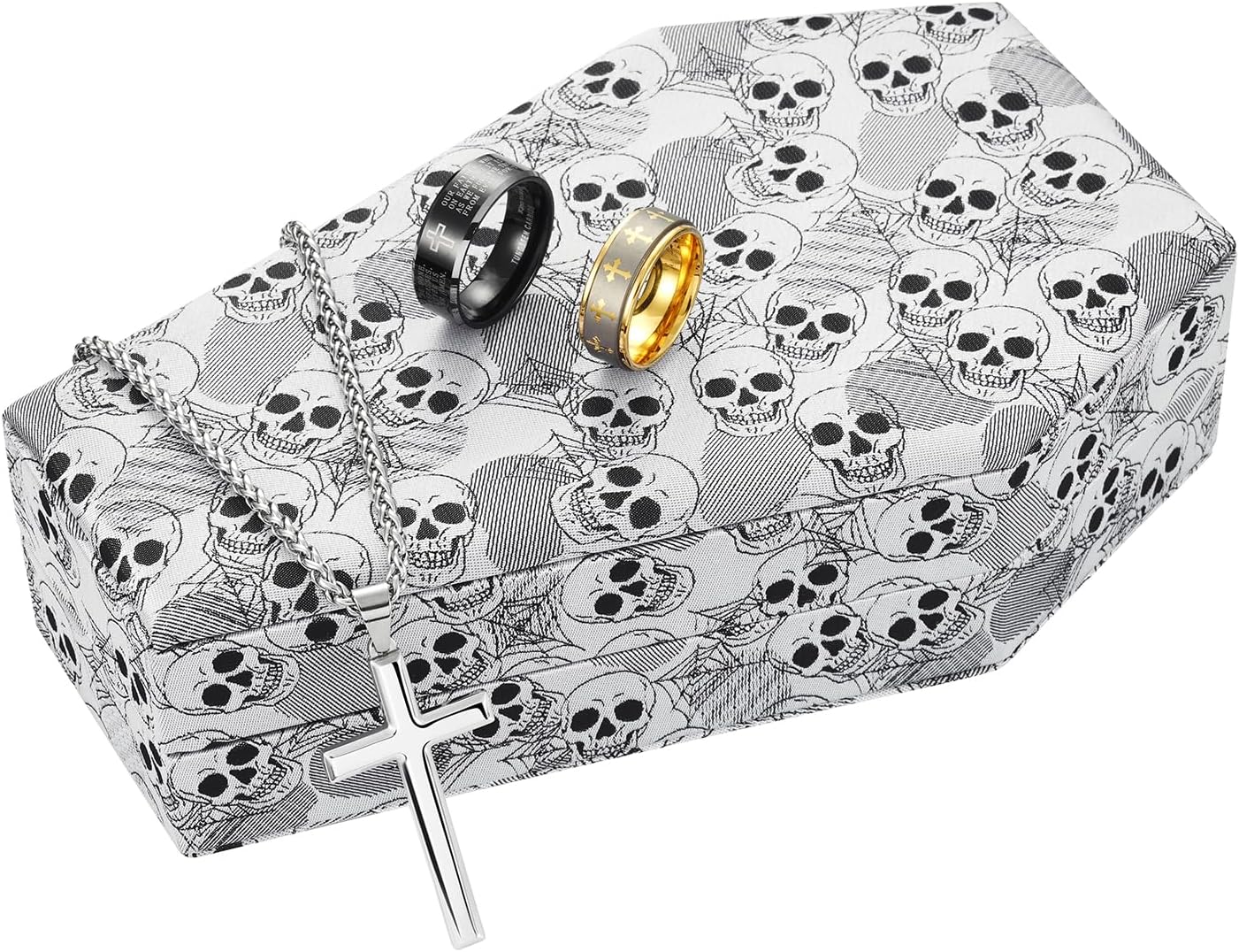 King Will Mens Ring Box Organizer Coffin Shape Jewelry Boxes for Multiple Rings Premium Velvet Storage Case Unisex Two Tone Vintage Lightweight Portable for Home Travel Luxury Gift, Skull Patterns