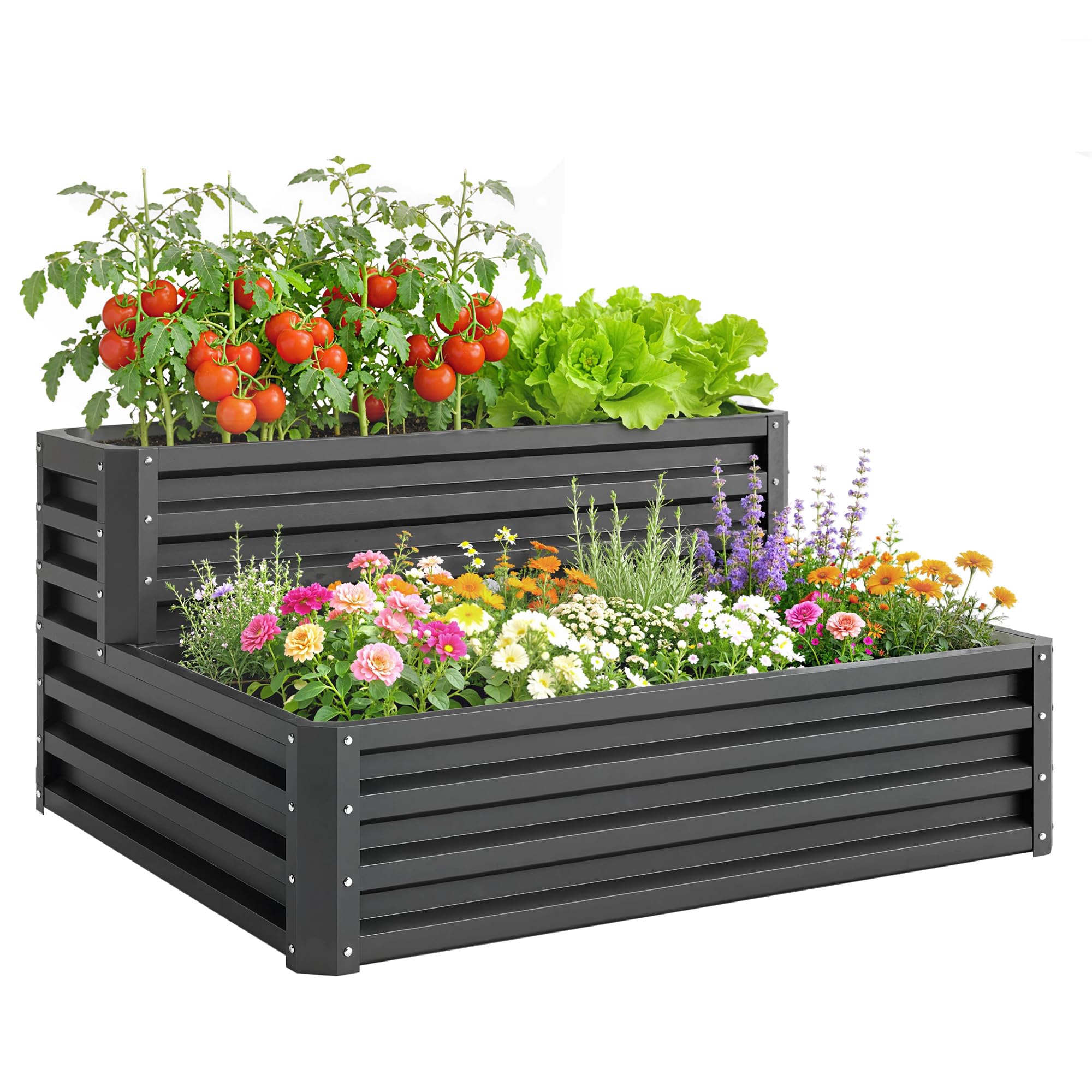 Outsunny Huerto Urbano de 2 Niveles de Acero Galvanizado, Jardinera Exterior con Diseño de Escalera y Fondo Abierto para Cultivos, Plantas, Herbaria, para Terraza, Jardín, 120x101x58 cm, Gris Oscuro