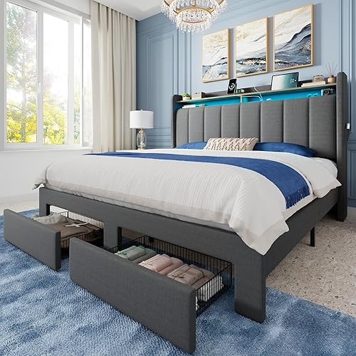 Miniatura 10 de Allewie - Base de cama con plataforma de tamaño Queen, tapizada en terciopelo con diseño acolchado vertical, cabecera con 2 niveles y almacenamiento