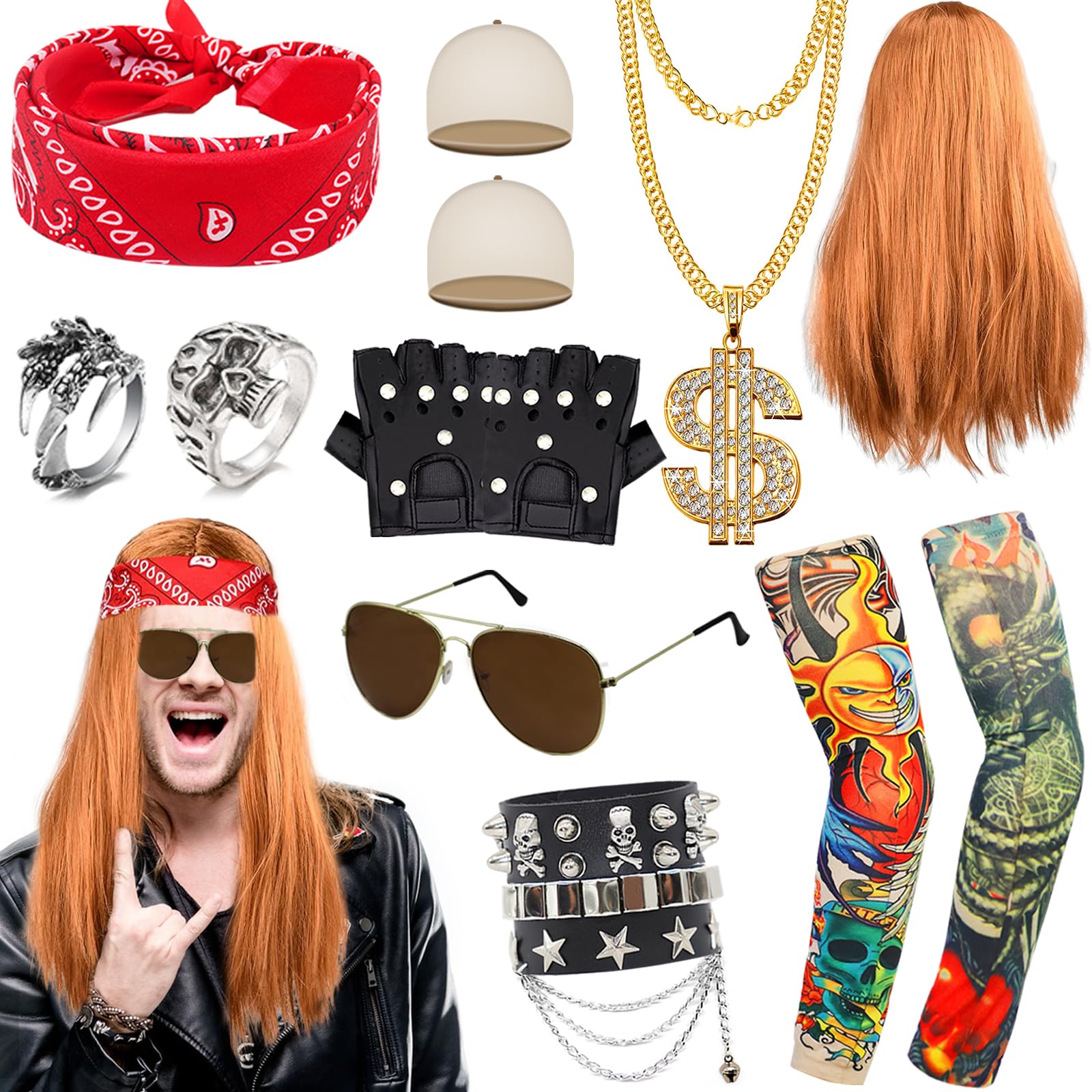 Exojoy Heavy Metal Rocker Wig Set, 80s Punk Gothic Rock Star Costume Accessories for Men Women, Hippie Wig Rocker Kit for 70s 80s Disco Halloween Carnival Cosplay Party Fancy Dress Up