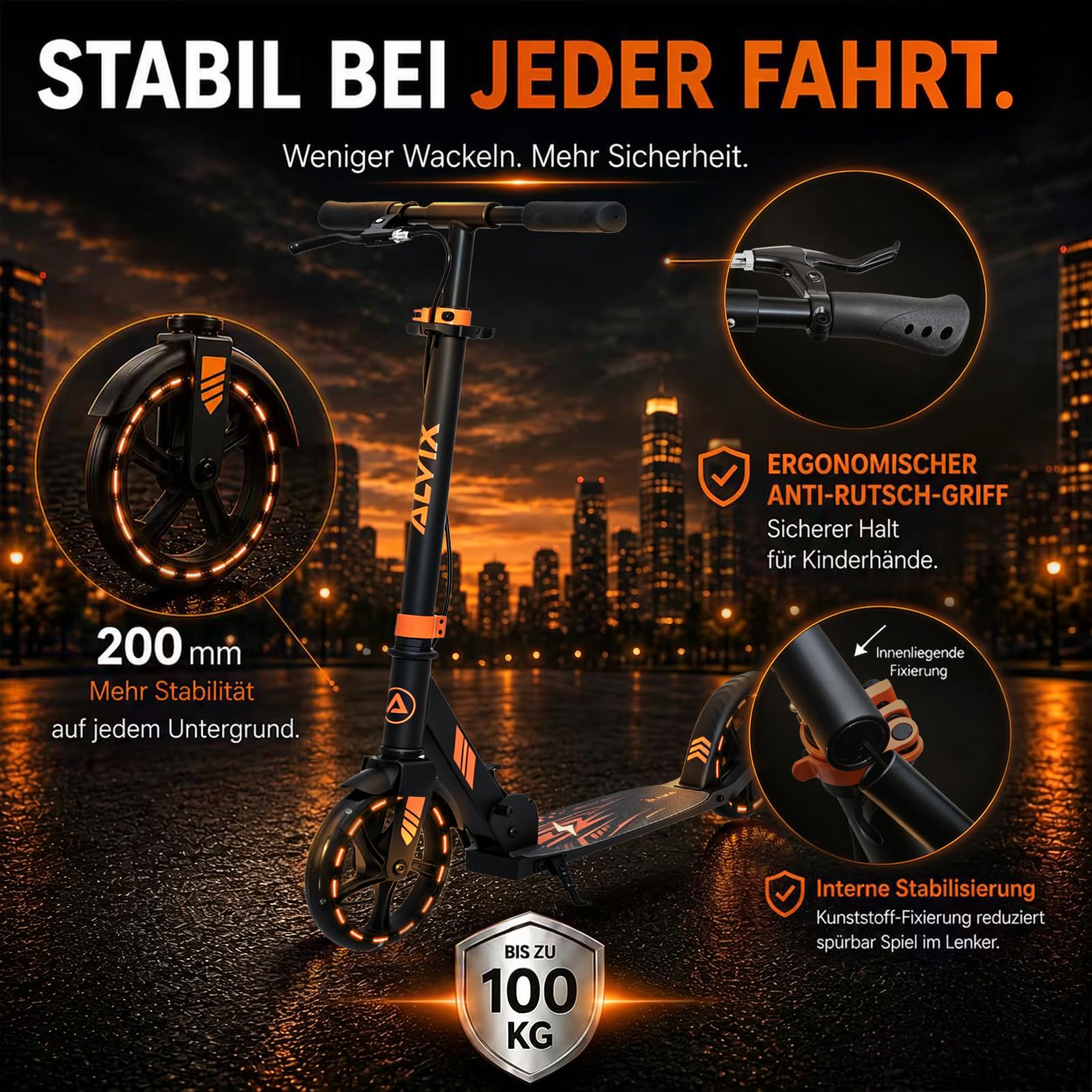 ALVIX Kinder Scooter mit Handbremse & LED-Rädern – 200 mm | Höhenverstellbarer Kinderroller ab 6 Jahren, faltbarer Kickroller mit Tragegurt, breitem Deck, bis 100 kg