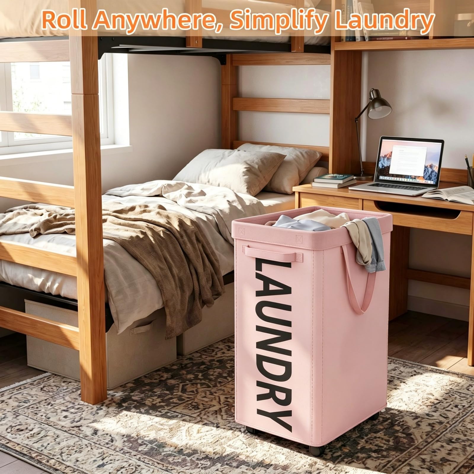 Optish Pink Laundry Basket with Wheels, Dorm Room Essentials Girl, 90L Rolling L — product photo