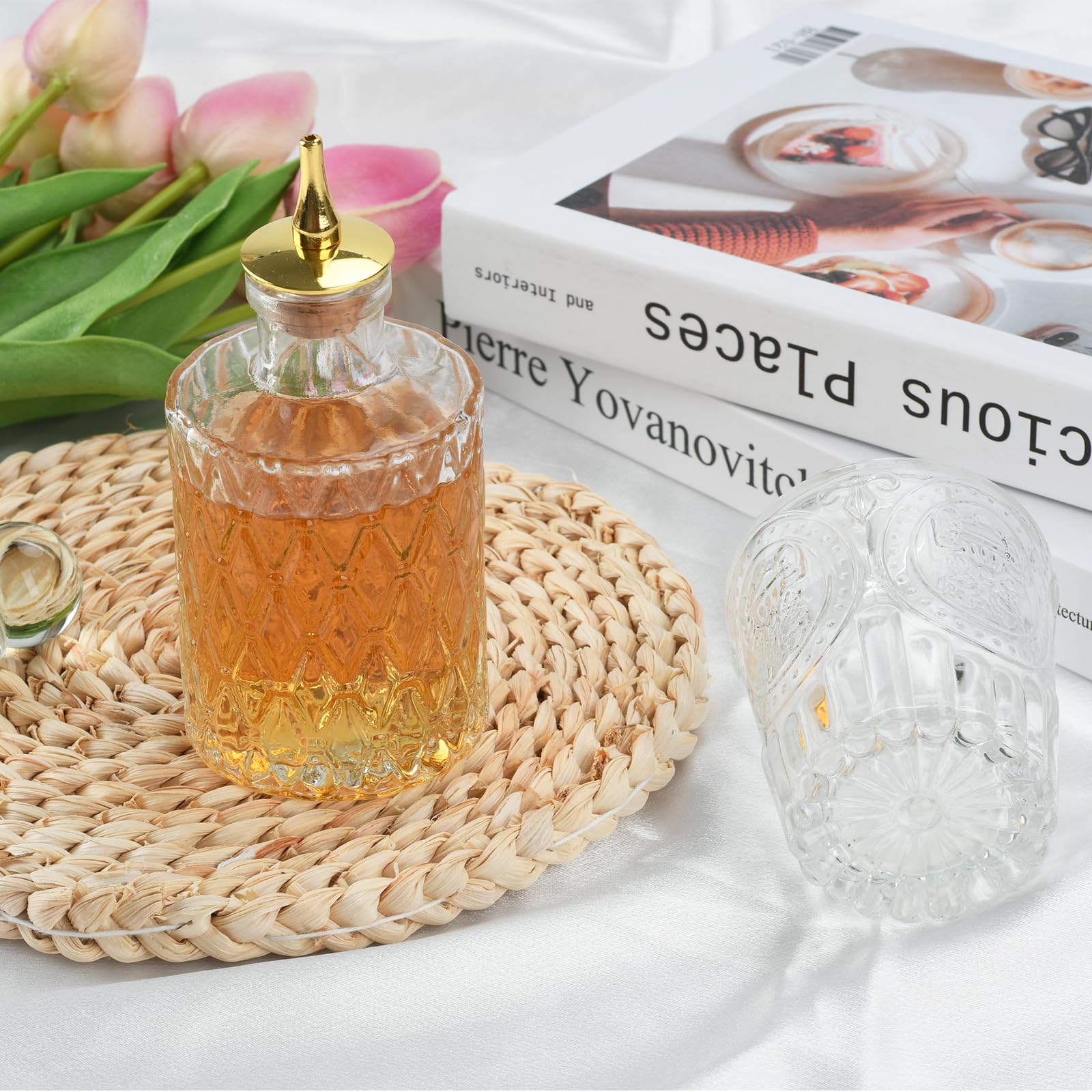 Lot de 3 bouteilles en verre vintage avec bec verseur en métal et bouchons d'étanchéité, distributeur de sirop de café pour café, kit de fabrication de cocktails et distributeur d'huile