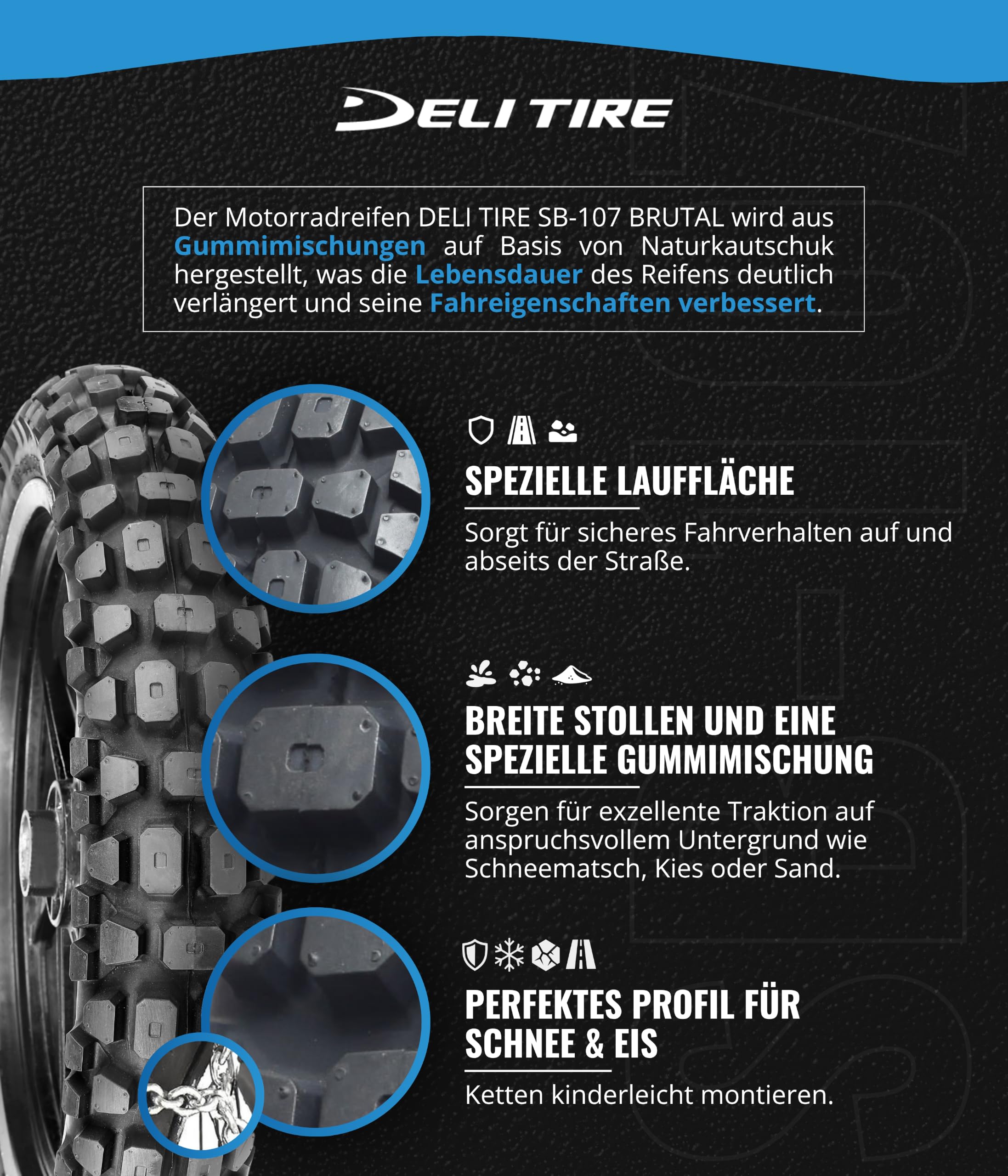 DELI TIRE Schlauchlos Motorradreifen 100/80-17 Vorne/Hinten - Ganzjahresreifen 52R für Cross Enduro und Tourenmotorrad SB-107 BRUTAL - Allwetterreifen TL für Spikes - Winterreifen für Touren