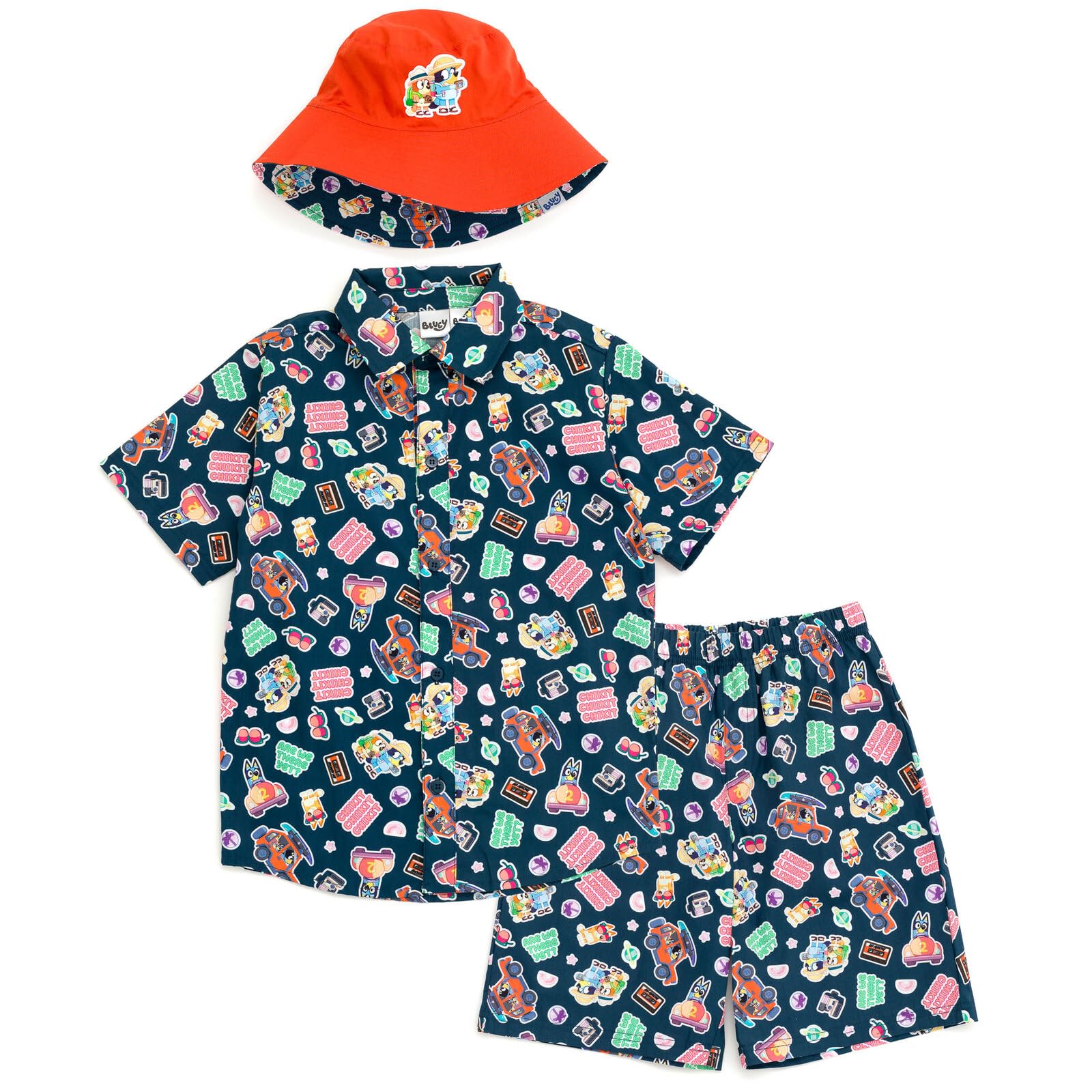 Bluey Button Down Shirt Shorts and Bucket Sun Hat 3 Piece Outfit Set Toddler to Big Kid