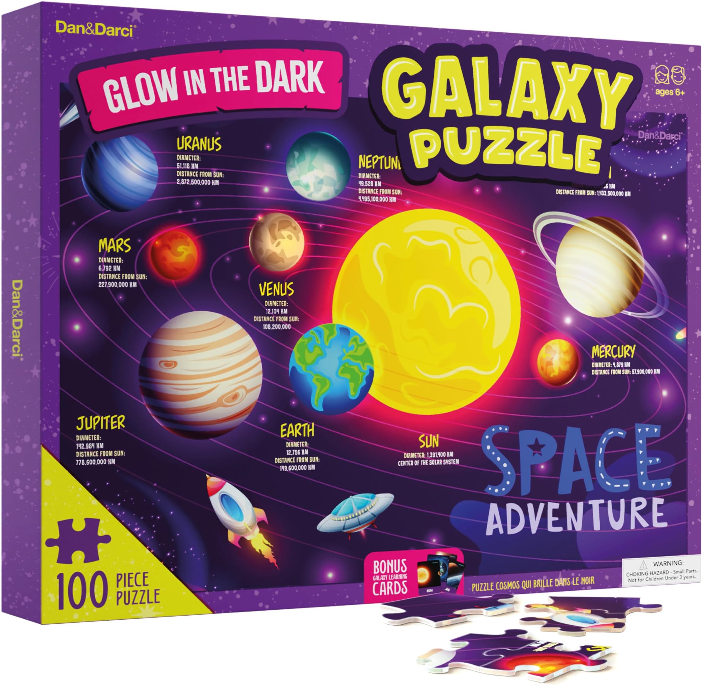 Dan&Darci Glow in The Dark 100 Piece Galaxy Puzzle for Kids - Space Jigsaw Puzzles Toys for Boys & Girls Ages 6-8 - Christmas Birthday Gifts for Age 6 7 8 Year Old Toddler Boy Girl Gift - Planet Toys