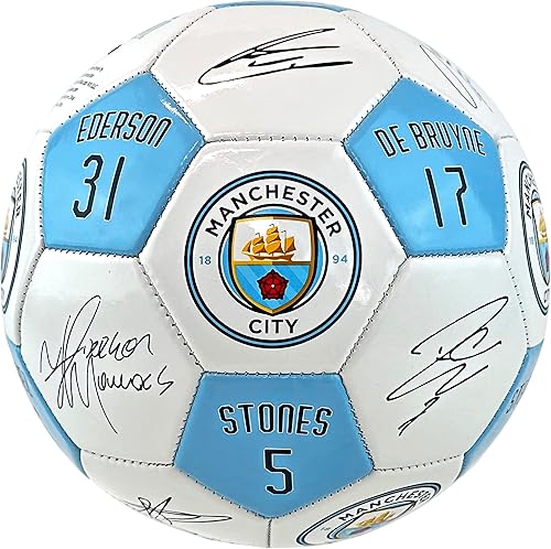Miniatura 2 de Balón de fútbol oficial del Manchester City FC con firmas de jugador y números de jugador, talla 5