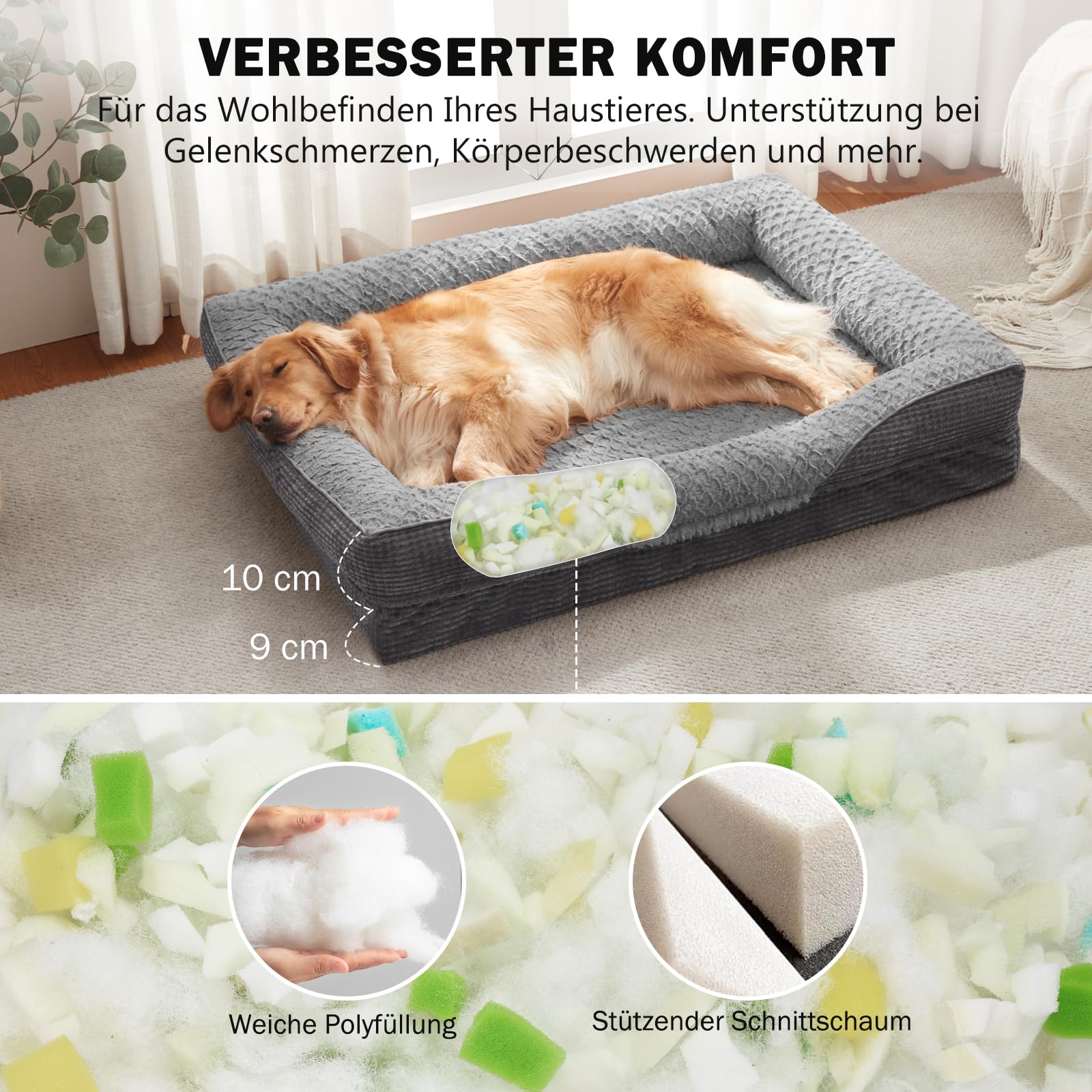 FURTIME Cuccia ortopedica per cani di taglia grande, in memory foam, XL, rimovibile e lavabile, antiscivolo, con bordo alto, 107 x 81 x 19 cm