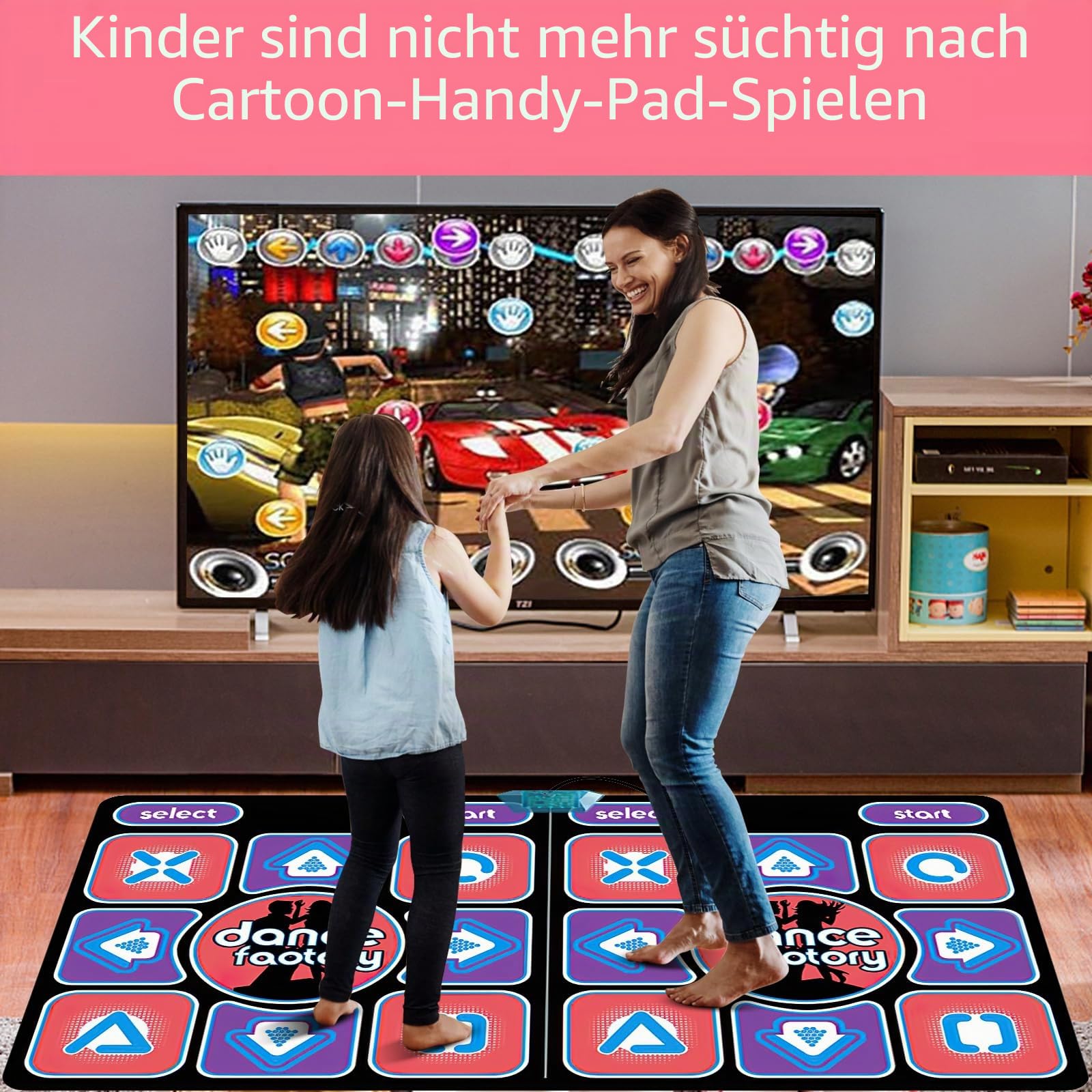 Tanzmatte 2-in-1 für TV und PC, doppelte Tanzmatte für Kinder und Erwachsene, interaktives D-Henkel-Top mit 2 Spiel-Controllern, 100 Liedern und 65 Spiele, für Fitness, Tanz und Familienfeier (A)