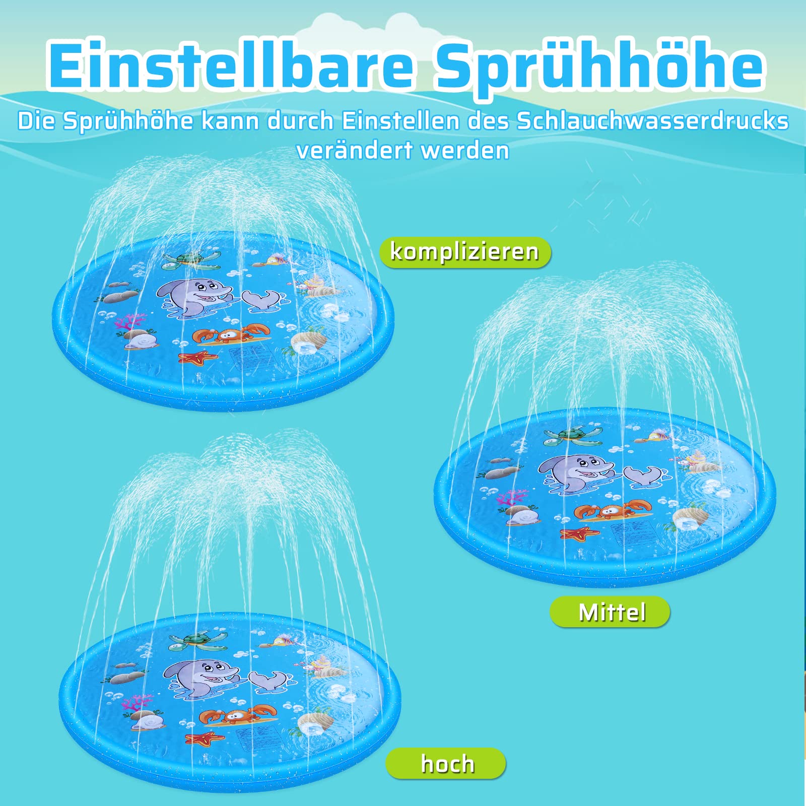 Anpro 170CM Splash Pad, Sprinkler Wasser-Spielmatte Splash Play Matte mit 15 Anti-Rutsch-Streifen, Sommer Garten Wasserspielzeug für Baby, Kinder, Hund und Haustiere