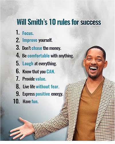 Will Smith's 10 Rules For Success-Motivational Wall Sign, Modern Typographic Wall Art Print For Home Decor, & Office Decor. Perfect Desk & Cubicle