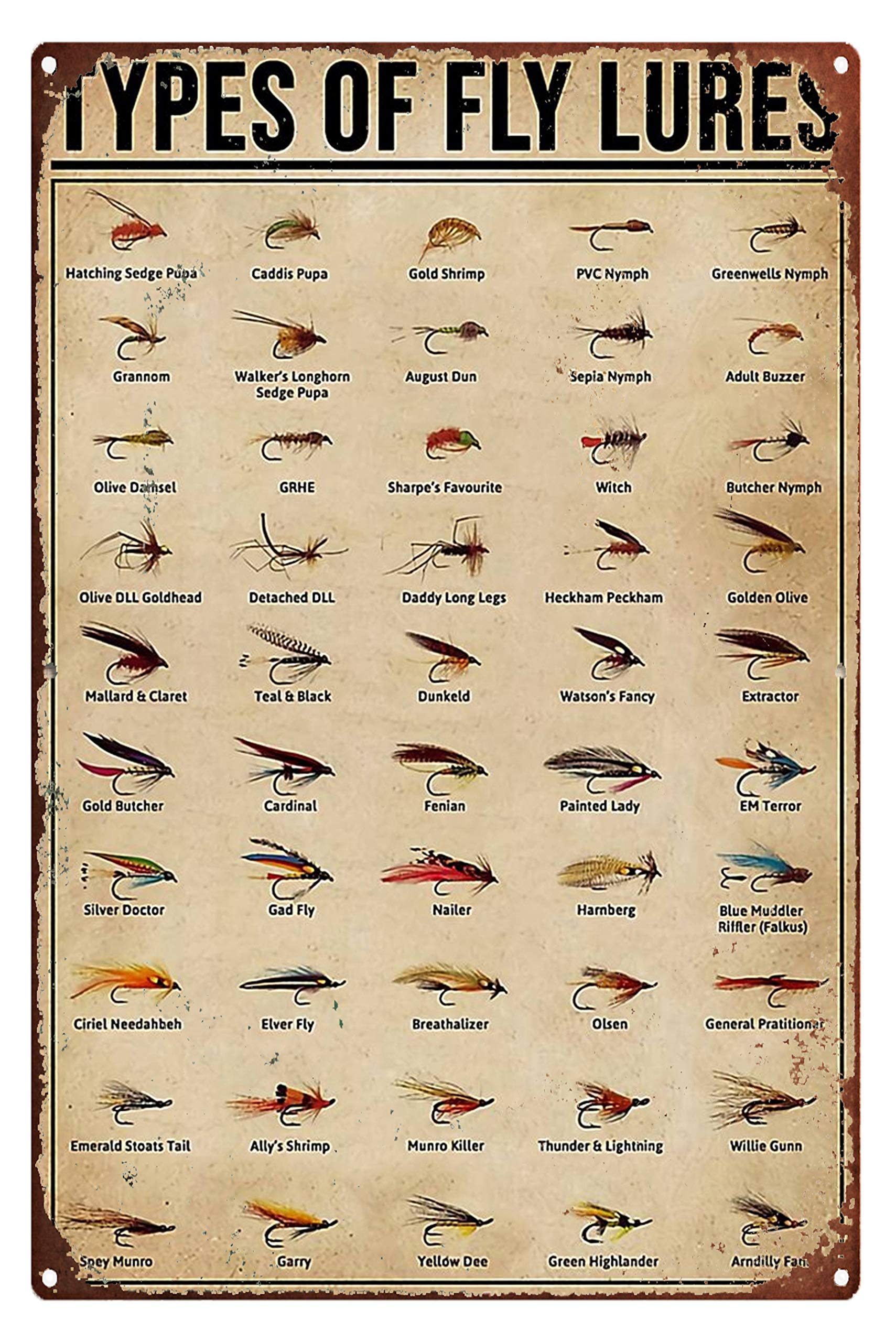 Types of Fly Lures Metal Sign Vintage Tin Signs 12x16 inch