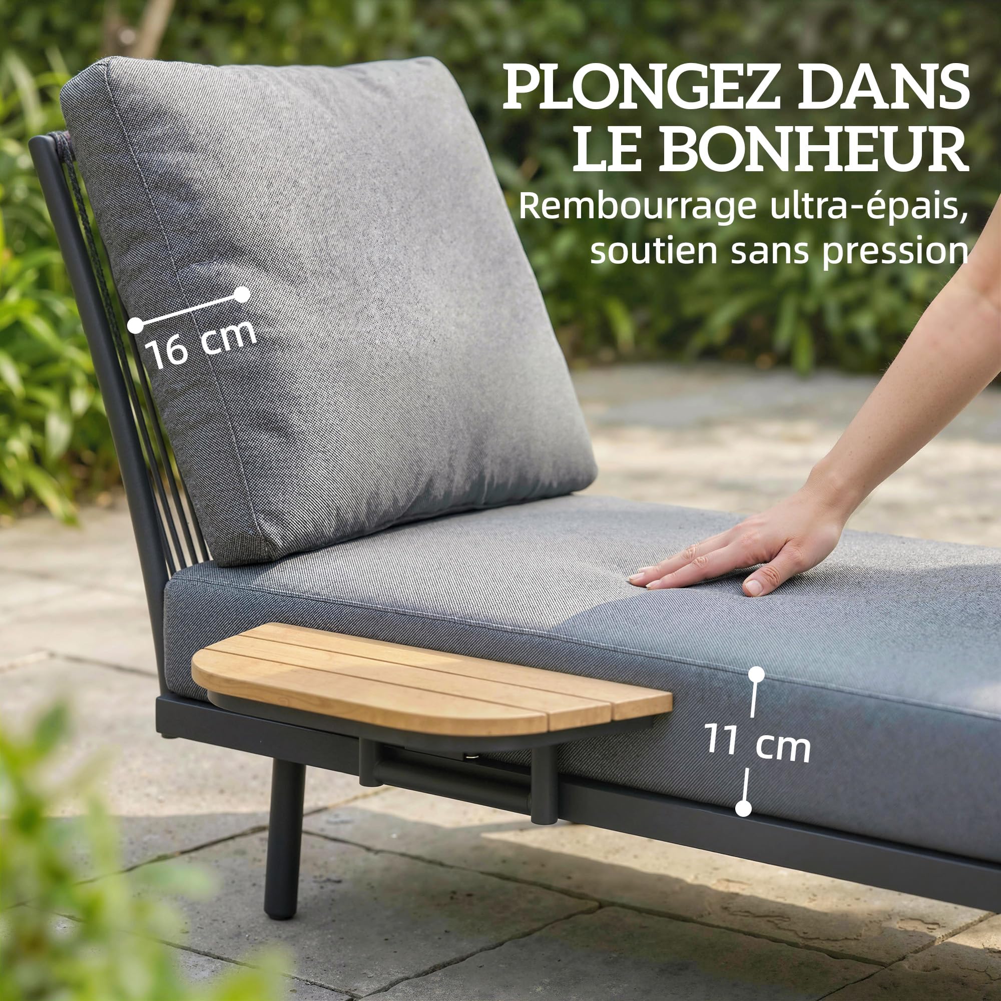 Outsunny Chaise Longue de Jardin Bain de Soleil Étagère Latérale Gris