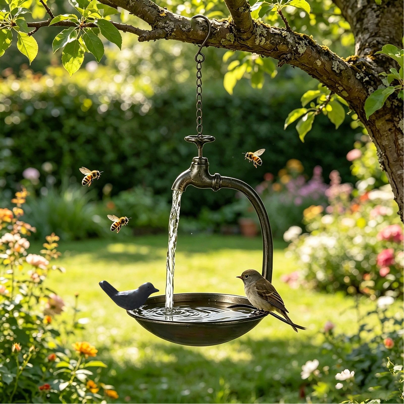 Luocute Fontana per Vasca per Uccelli Ad Energia Solare, Rubinetto Dal Design Vintage con Vasca in Ferro Antiruggine, Attira gli Uccelli Selvatici per la Mangiatoia Sospesa per Patio,