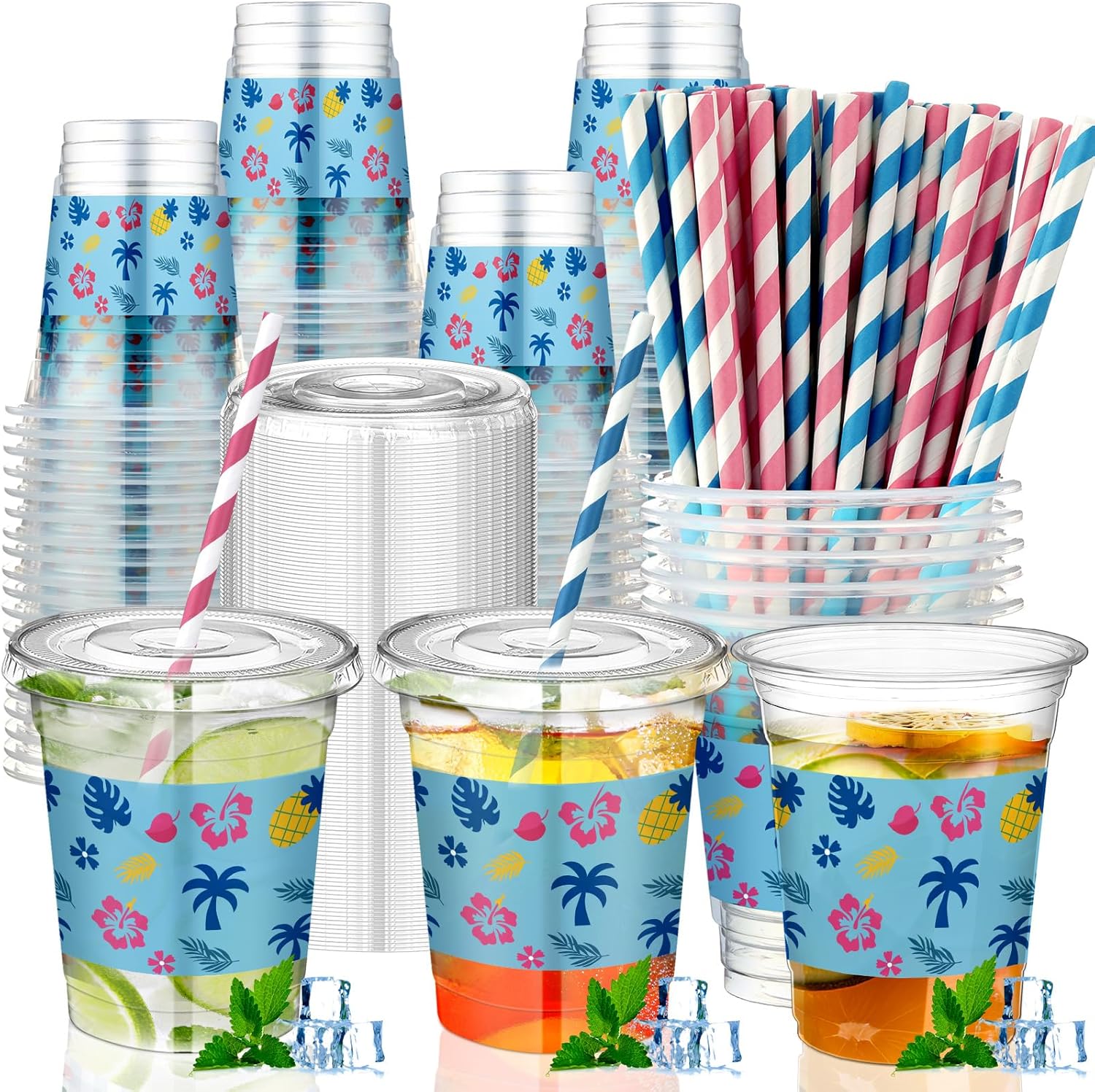 60 Sets Tropical Hawaii Birthday Party Decorations, 14 oz Disposable Plastic Cups with Lids and Straws, Alien Cartoon Summer Palm Leaves Luau Hibiscus Party Favors Drink Coffee Supplies