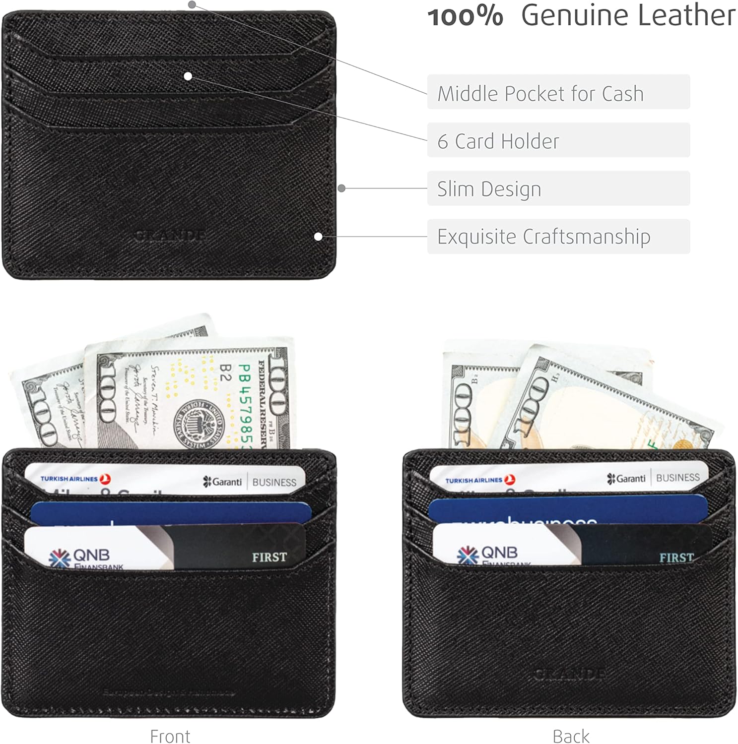 grande 3633 Genuine Leather Card Holder For Women and Men Super Slim Minimalist Small Snap Wallet (Royal Black) - Image 3