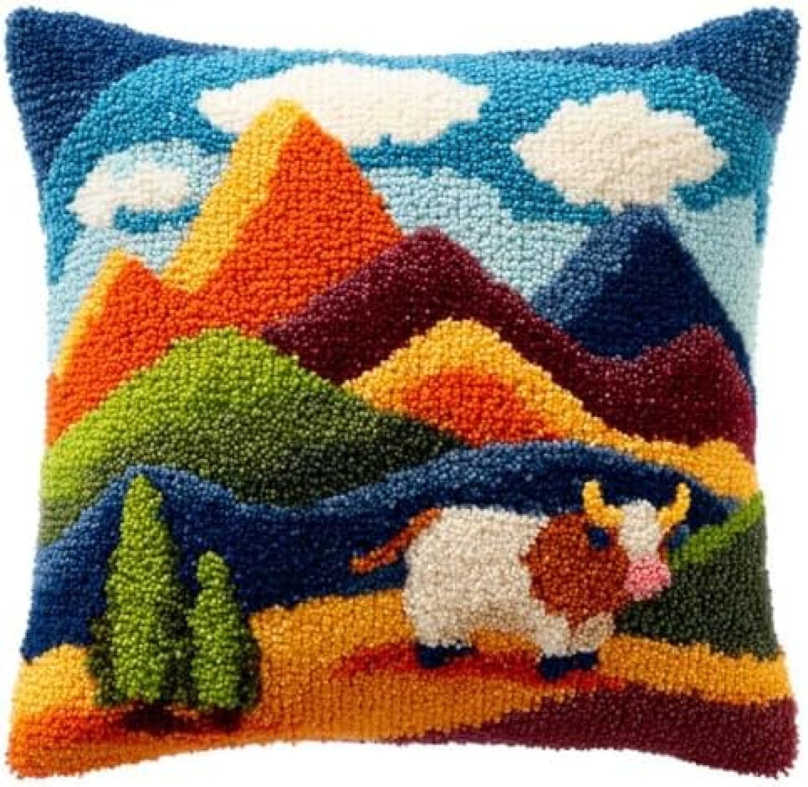 kitphoenix Latch Hook Kit for Adults Beginners,Bull and Mountains,DIY Cushion Cover Craft Kit with Pre-Printed Canvas,Yarn and Hook,43x43 cm Pillow Cover Making Set