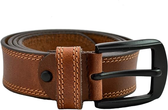 Mens Genuine Leather Double Stitch Full Grain Belt Belts With Mat Black Buckle Enclosed in an Elegant Gift Box