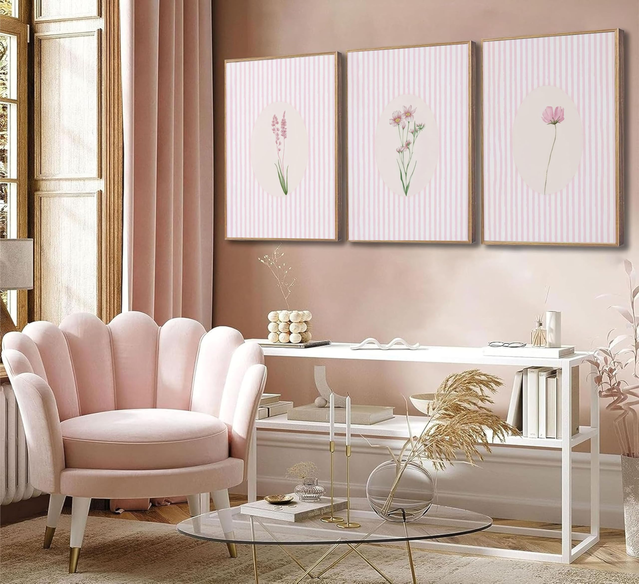 3 Pezzi di Quadri su Tela con Stampe Floreali a Righe Rosa, Dipinti Floreali minimalisti, Immagini botaniche, Decorazioni Preppy, Poster Bianchi, Stampe artistiche per Camera da Le