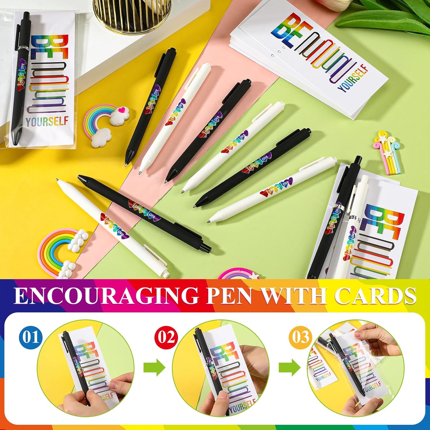 Spakon 200 Sets Rainbow Gay Pride Gift Include Retractable Writing Ballpoint Pen Paper LGBT Greeting Cards OPP Bags for Lesbian Pride Month Love Is Love Anniversaries Women Men Office Supplies