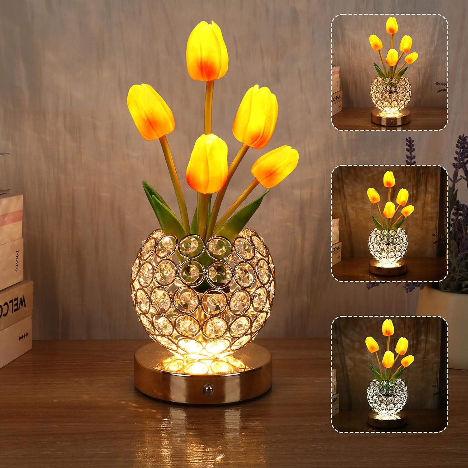 Birthday Gifts for Women Mothers Day Gifts For Mom Table Lamp, 3 Color Crystal Flower Bedside Lamps Infinitely Dimming with USB Charge Small Night Light,Nightstand Touch Lamp for Bedroom (gold-tulip)