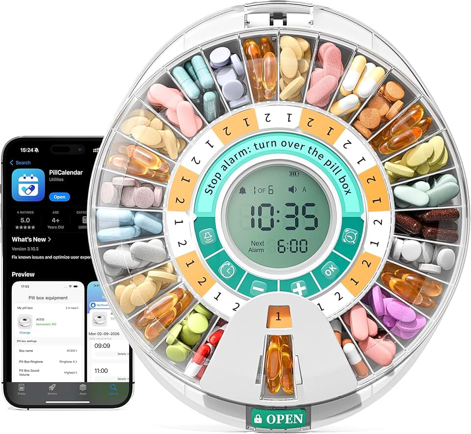 Betife Automatic Pill Dispenser,28-Day Smart Bluetooth Pill Box, App Support Automatic Pill Case with 6 Alarms & Light Reminder, Monthly Timer Dispenser,Electronic Medication Management for Seniors