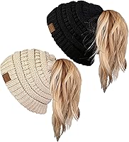 Vista 1 de Funky Junque Ponytail Messy Bun BeanieTail Women's Beanie Solid Ribbed Hat Cap