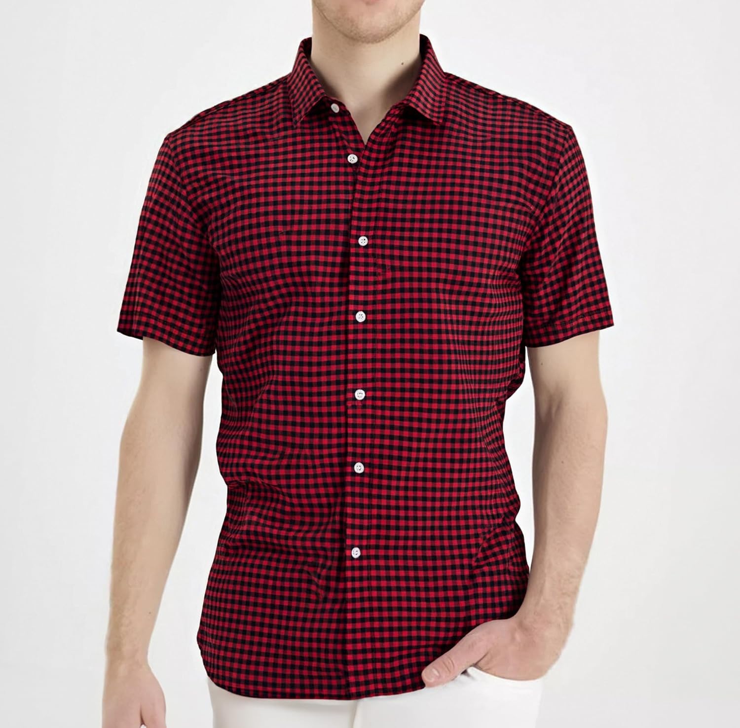 Manwan walk Mens Short Sleeve Plaid Casual Button Down Shirts Gingham Regular Fit Dress Shirts - Image 2