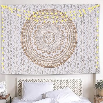 AVA Collections Gold and White Hippie Mandala Wall Hangings Small Tapestry Indian Cotton Beach Throw Blanket Bohemian Decor Tapestry Bedroom Aesthetic Tapestries 85x54 inches 215 x 140 cm