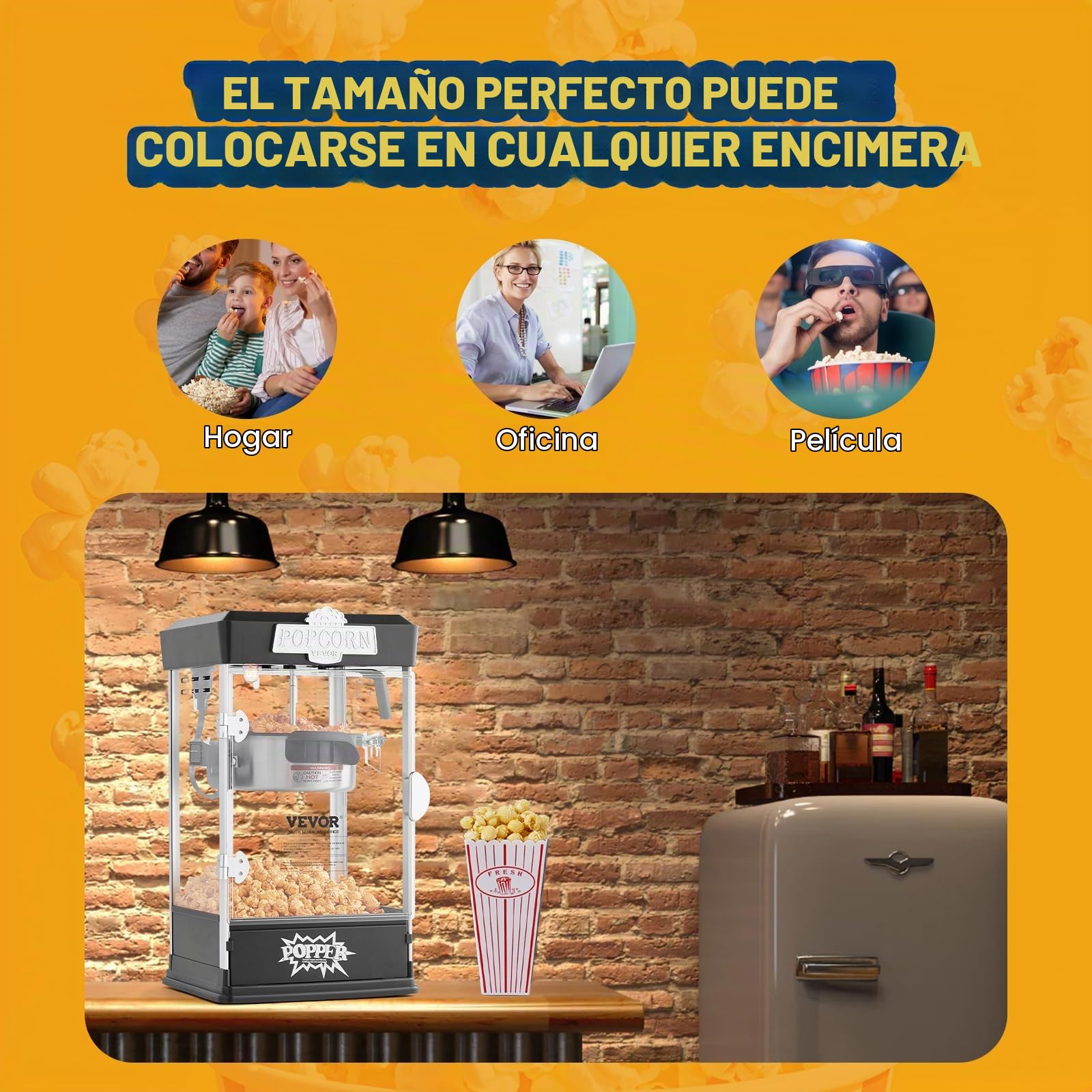 VEVOR Máquina para Hacer Palomitas de Maíz, 480 W, 4 oz, Produce 1,5 Galones por Tanda, Máquina para Hacer Palomitas de Maíz de Sobremesa, Incluye 3 Palas, Estilo Cine, Negro, 275 x 240 x 485 mm