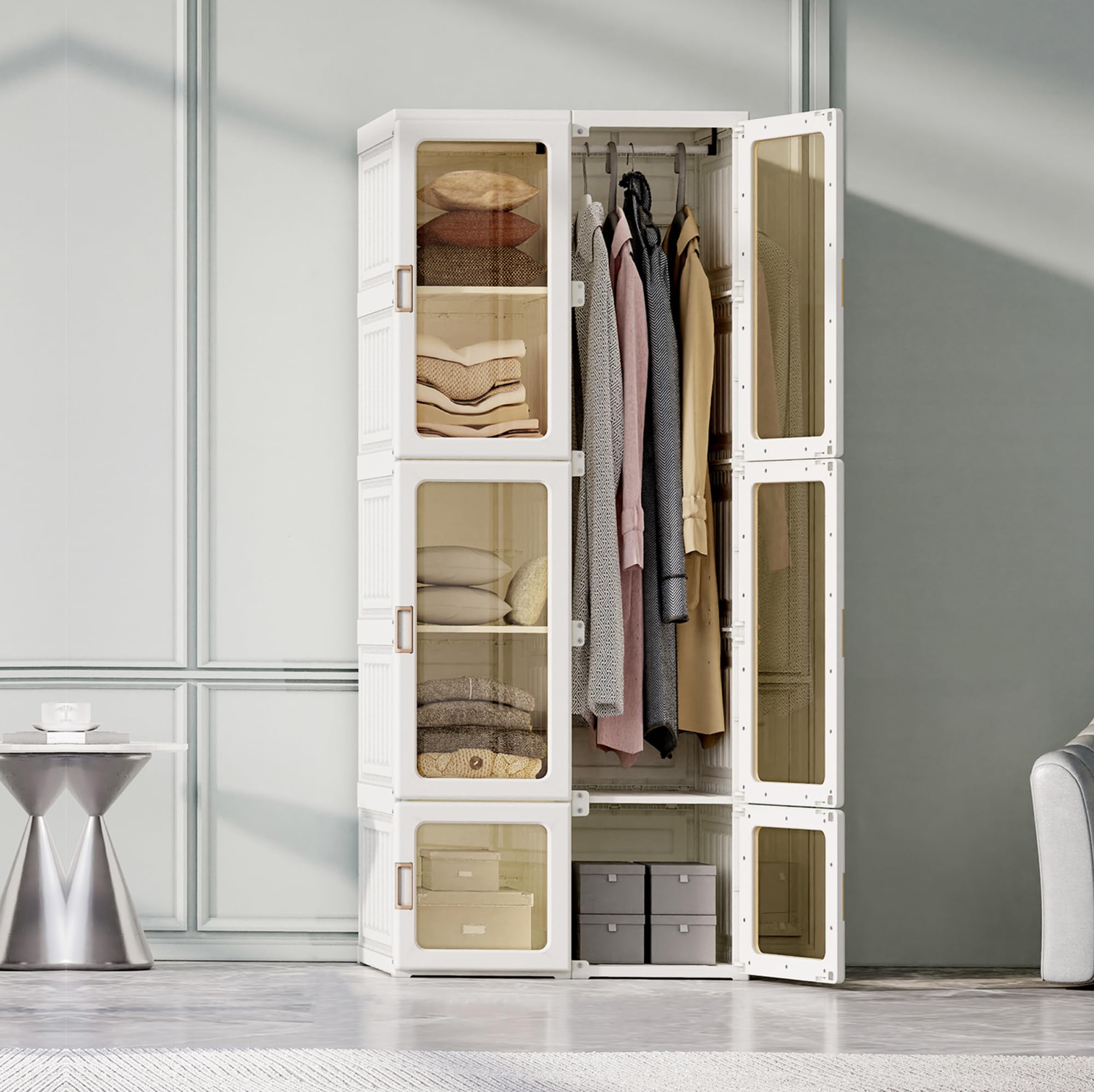Armario de Dormitorio Plegable,Armarios Plegables de Plastico con 10 Compartimentos Armario Modular con 6 Puertas Roperos de Dormitorio Armarios Para Ropa Exterior Armarios Individual (170x69x50cm)