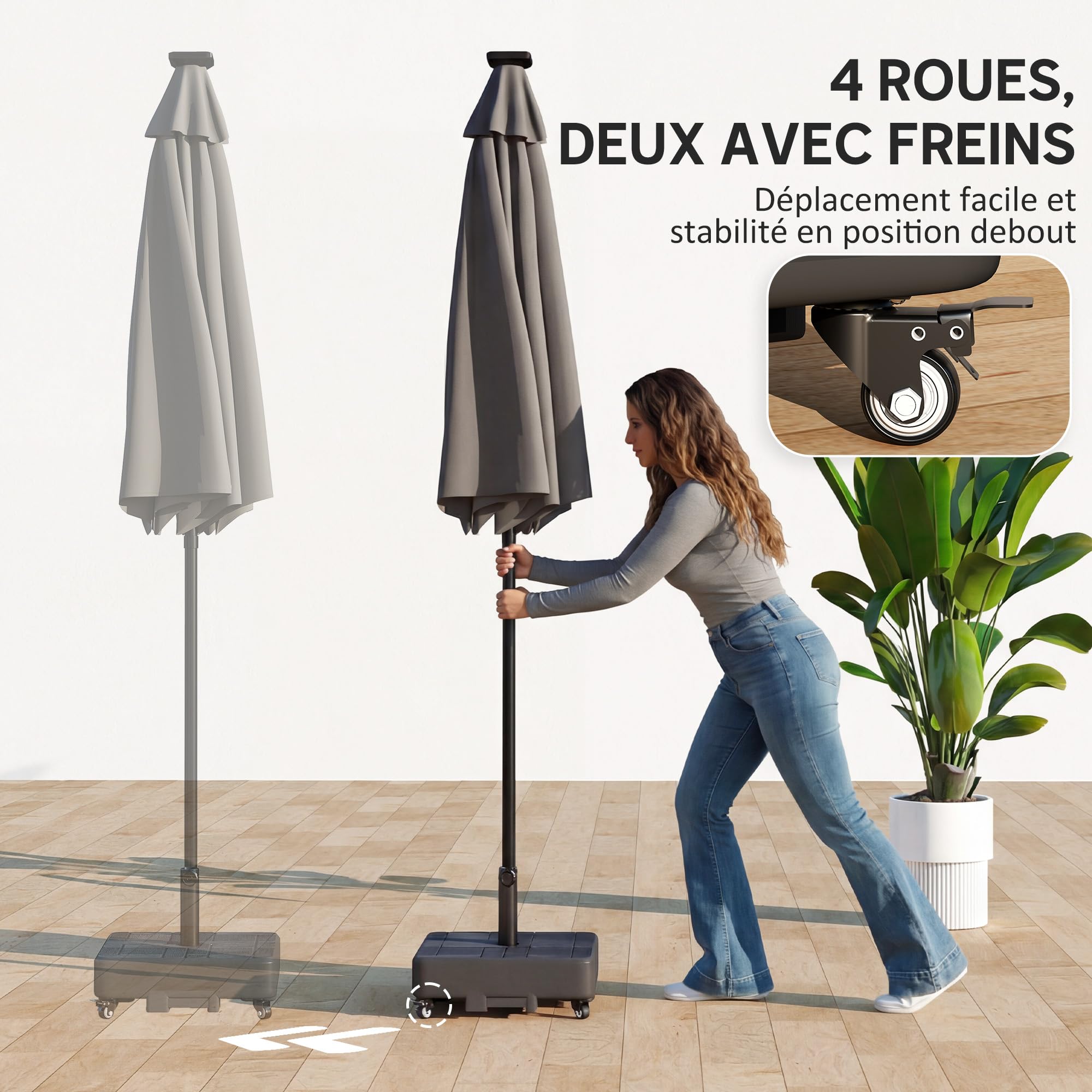 Outsunny Pied de Parasol Carré, Socle Parasol extérieur avec Roues Remplissable jusqu'à 35 kg avec Sable ou 28 L avec Eau, pour mât de Ø 38/48 mm, 48 x 48 x 38,5 cm, Noir