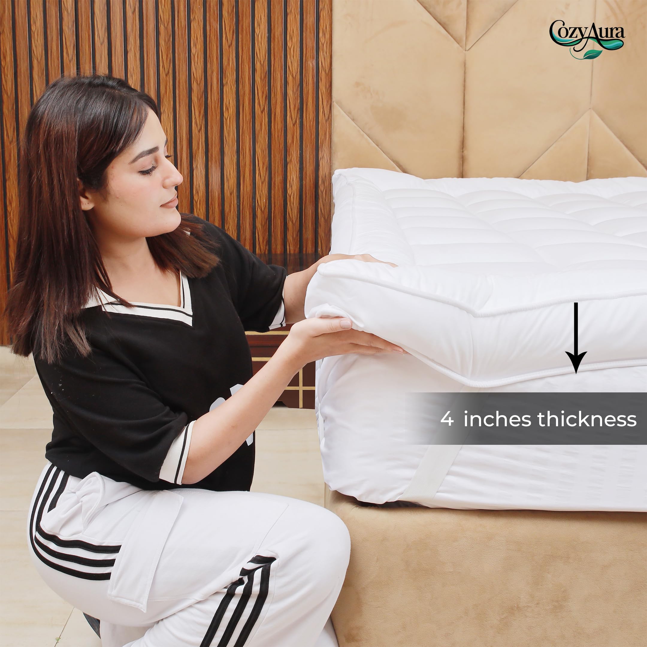 Cozy Aura Surmatelas matelassé ultra doux pour lit super king size (180 × 200 cm) - 4 pouces/10 cm d'épaisseur avec sangles élastiques, microfibre hypoallergénique et respirante pour plus de confort