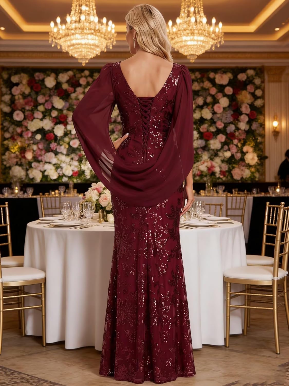 Sequin Mother of The Bride Dresses V Neck Mermaid Long Formal Evening Gowns with Cape Sleeves IMR039