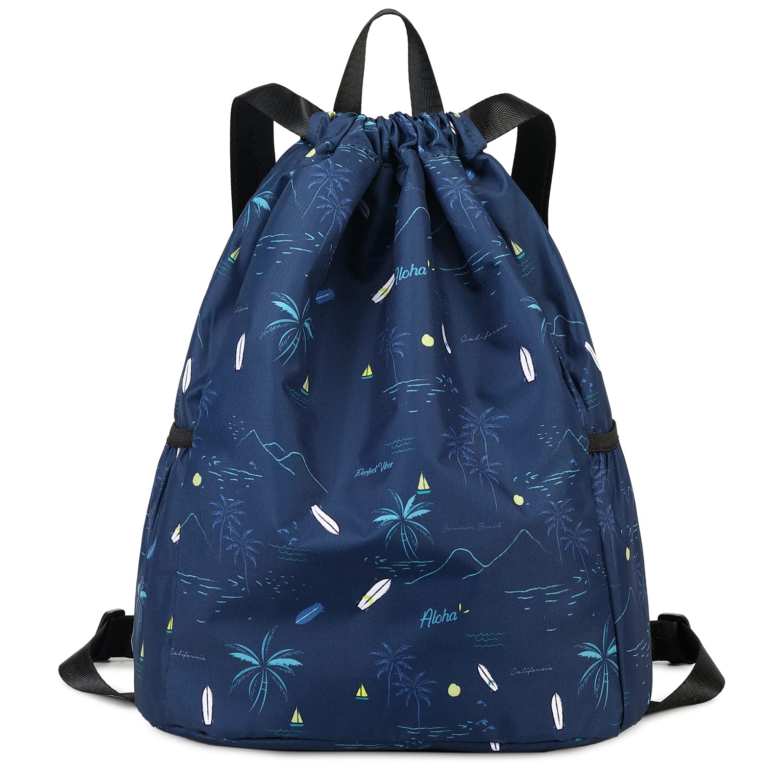 Ryushoyo Drawstring Backpack for Kids - Coconut Tree Bags for Girls Mini Gym Dance Beach Swim Travel Bag With Two Water Bottle Holder Dark Blue Clinch