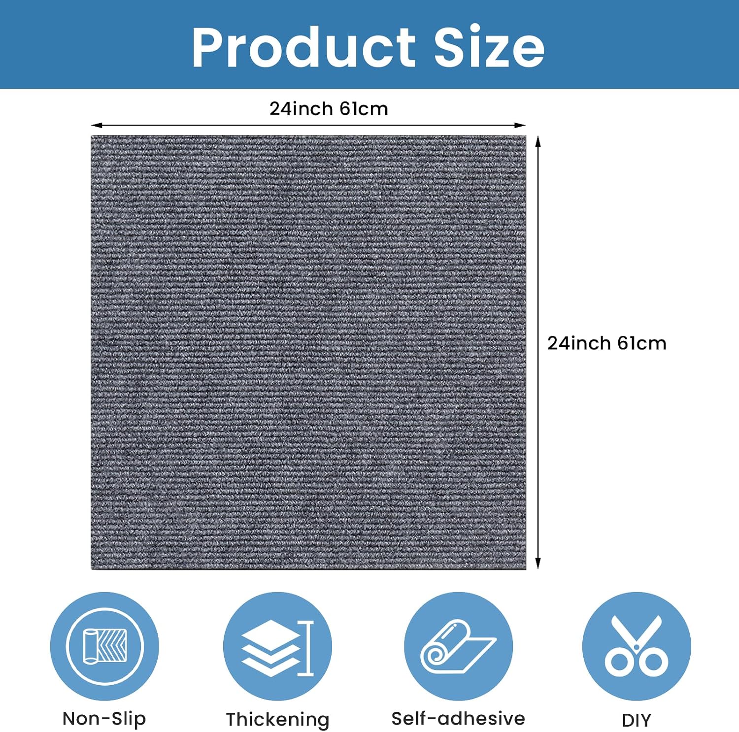 10PCS Carpet Tiles Peel and Stick 24 x 24 Inch DIY Self Adhesive Non-Slip Carpet Squares for Indoor Living Room Bedroom Office (Dark Gray)