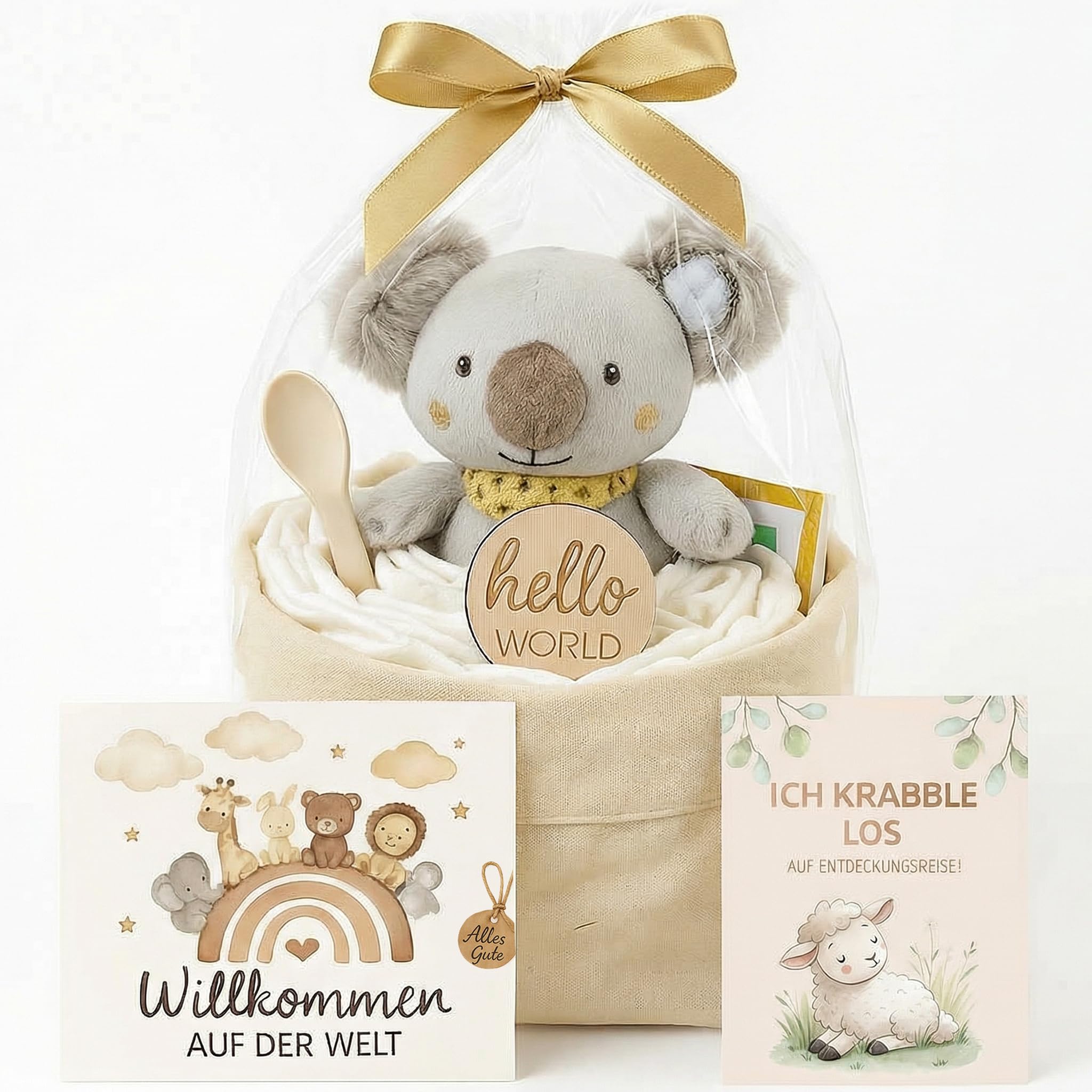 Windeltorte Mädchen & Junge mit Koala Greifling - Boho Vintage [Handmade] - Baby Geschenk zur Geburt & Babyparty - mit Organizer-Säckchen, Premium Windeln & Geschenkfolie, Windeltorte Neutral