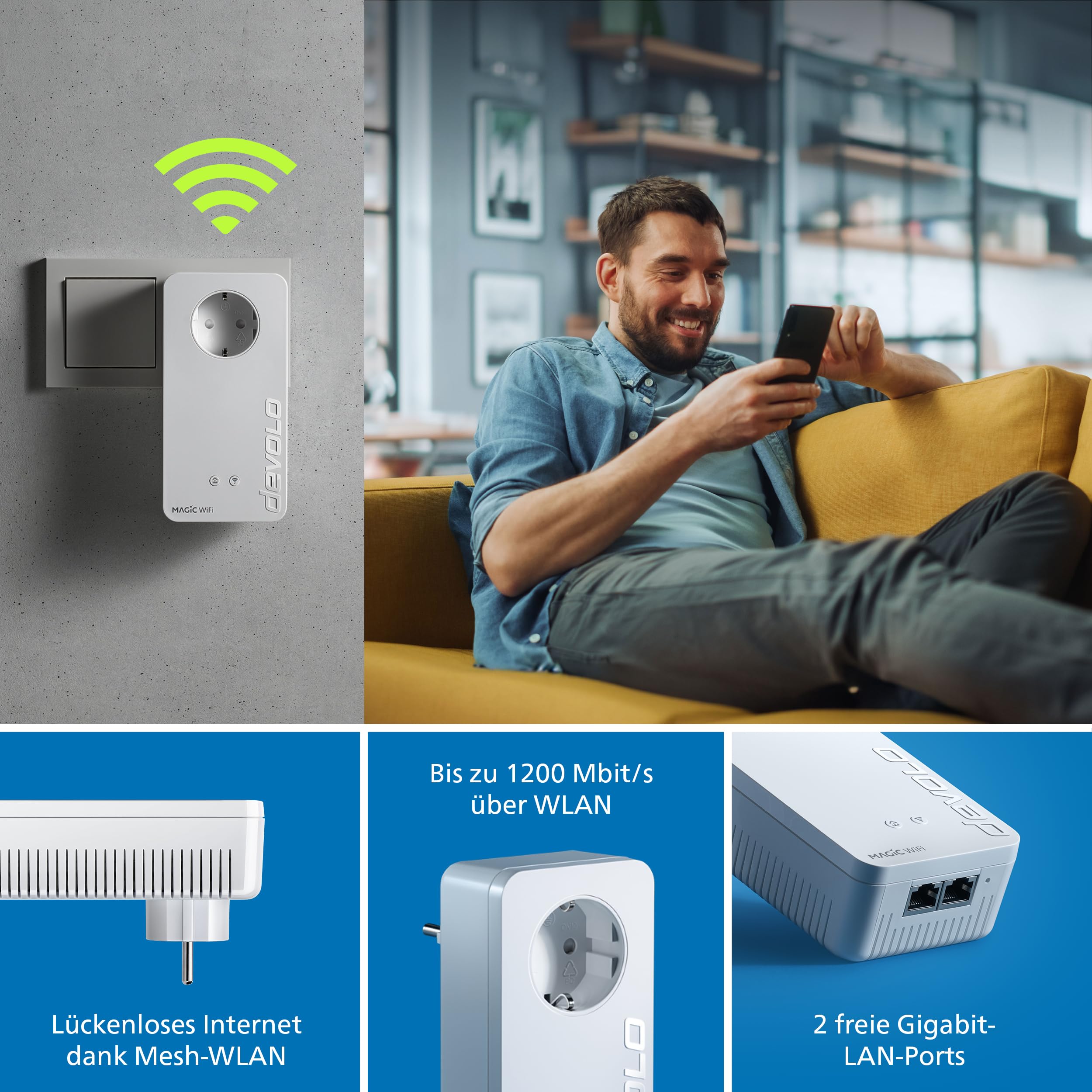 devolo Magic 2 WiFi next Starter Kit, WLAN Powerline Adapter, bis zu 2.400 Mbit/s, Mesh WLAN Steckdose, 2x Gigabit LAN Anschluss, dLAN 2.0, weiß