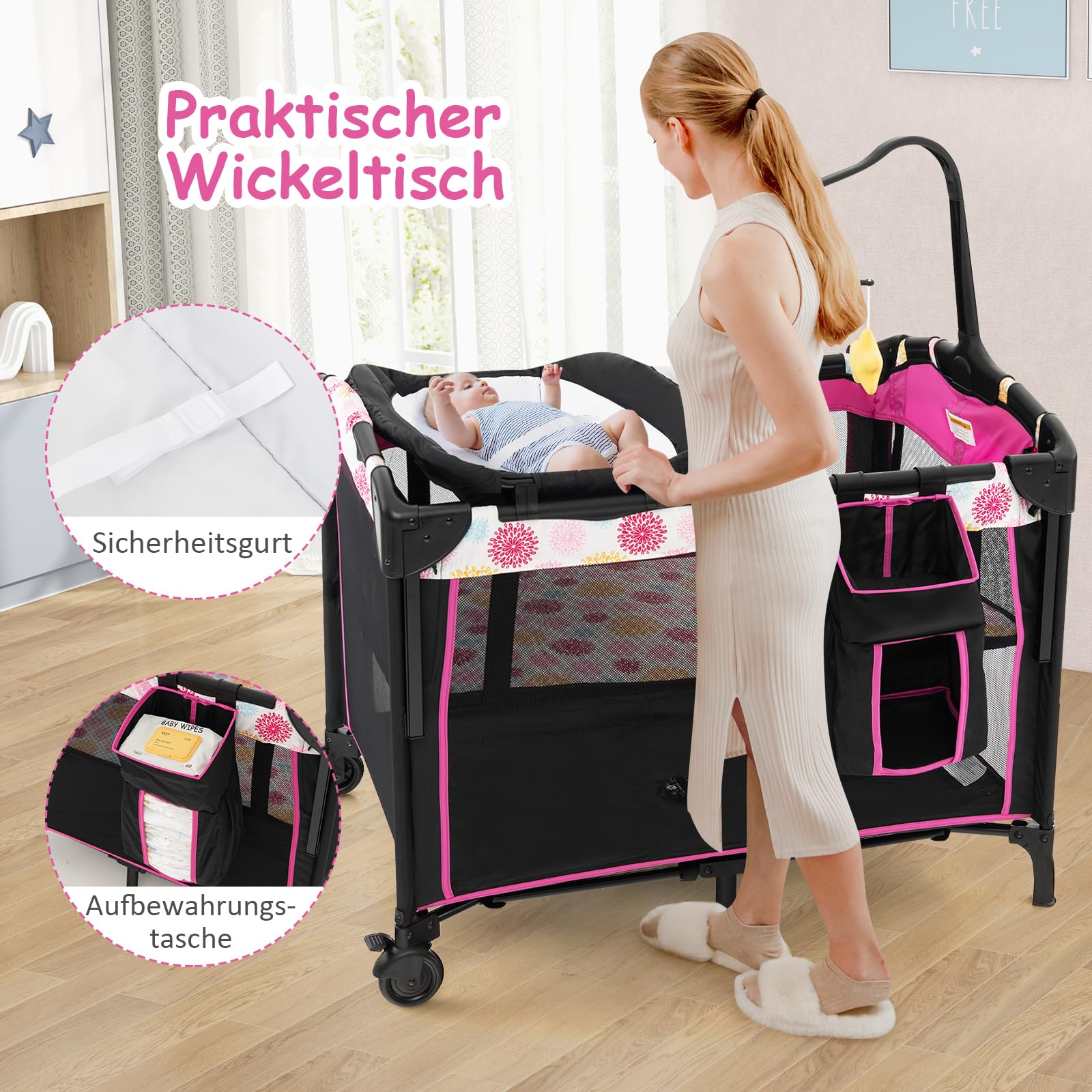 DREAMADE 4 in 1 Kinderreisebett Klappbar, Babybett Höhenverstellbar mit Wickeltisch, Beistellbett mit Tragetasche, für Baby 0-36 Monate