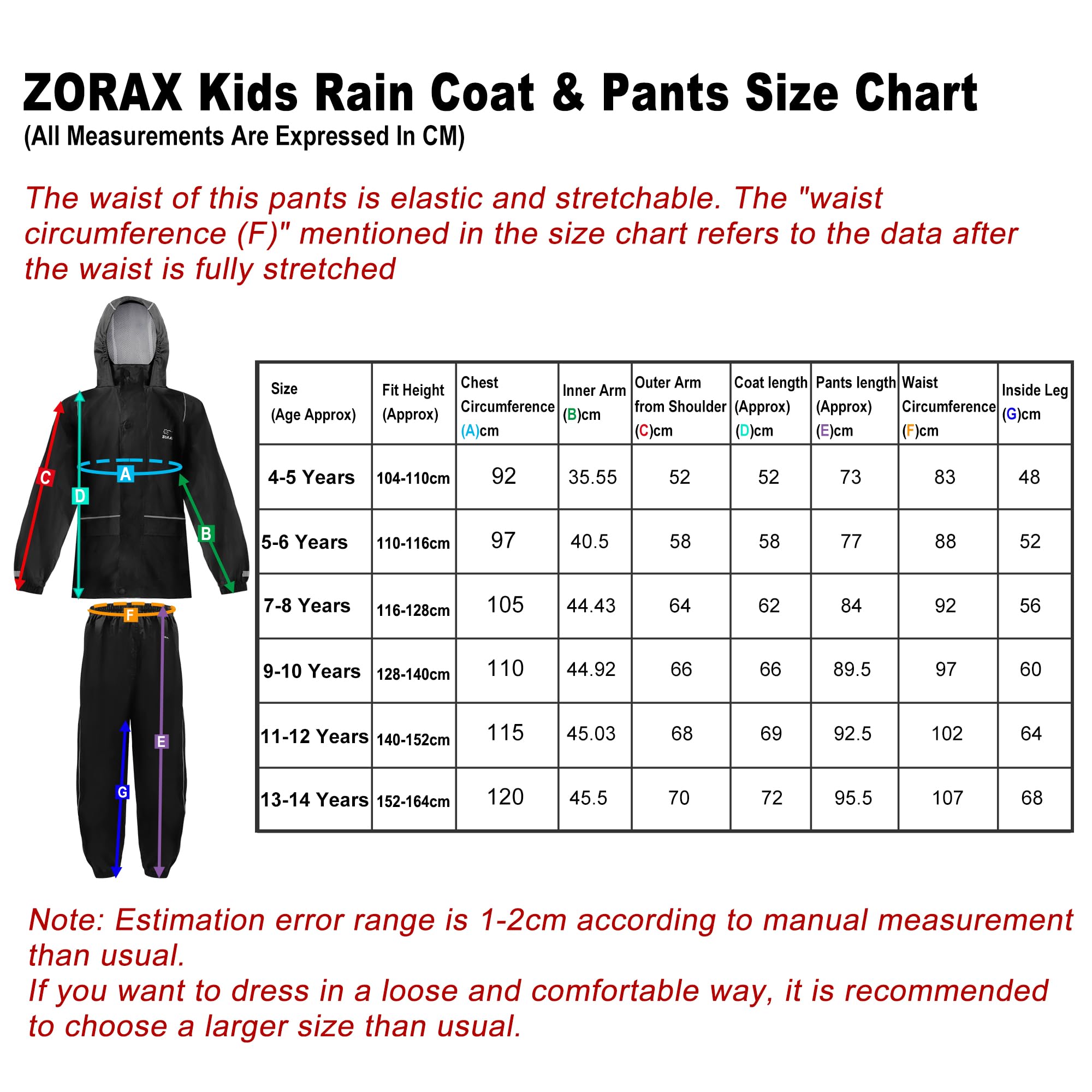 Zorax Combinaison de pluie imperméable pour garçons et filles - Veste et pantalon légers - Unisexe - Coupe-vent - Avec capuche - Sac de transport