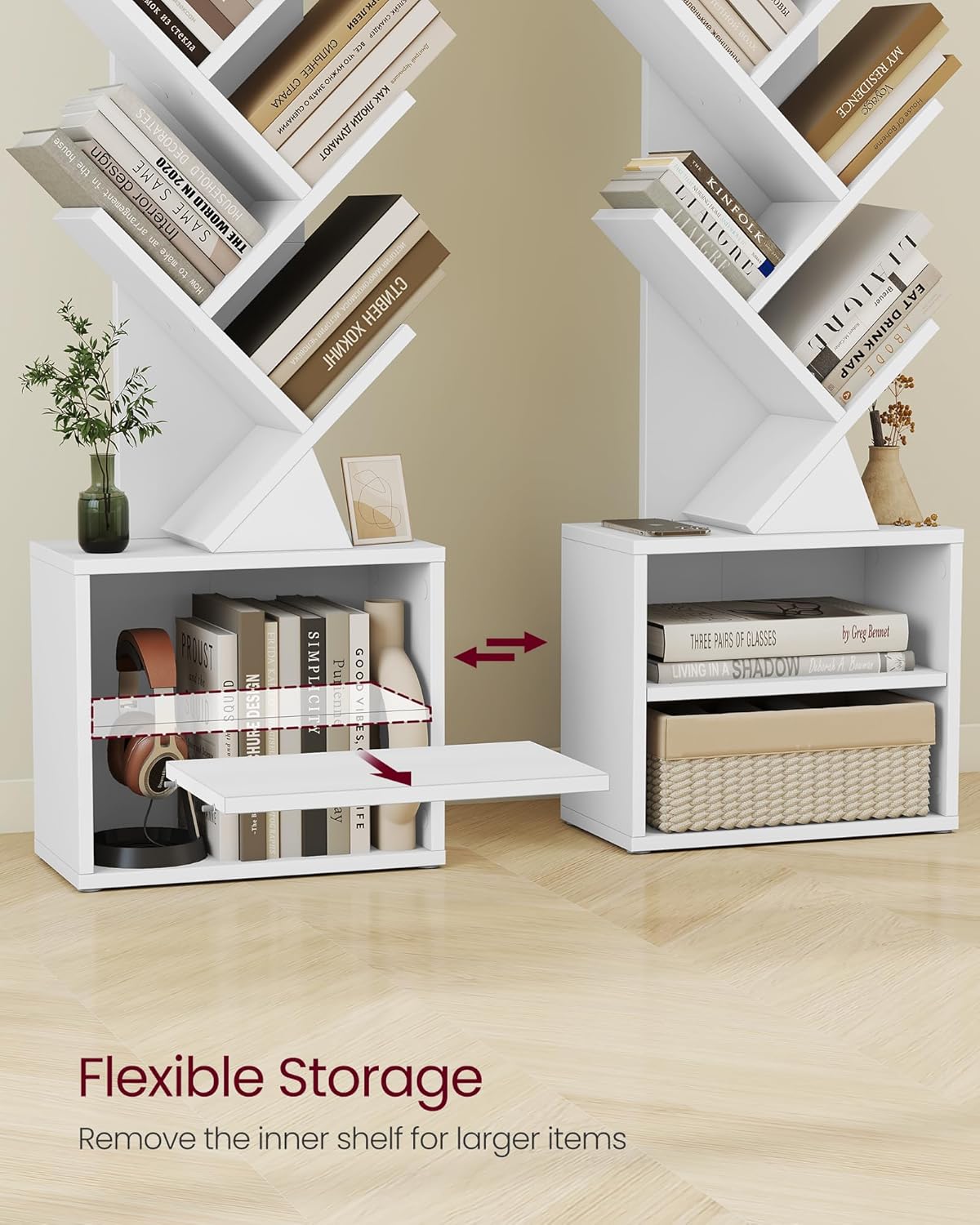 VASAGLE Custos Collection - Tree Bookshelf, Modern Bookcase, Floor Standing Book Shelf, for Bedroom, Living Room, Home Office, 2 Open Compartments, 8 x 15 x 48.5 Inches, Cloud White ULBC607W01