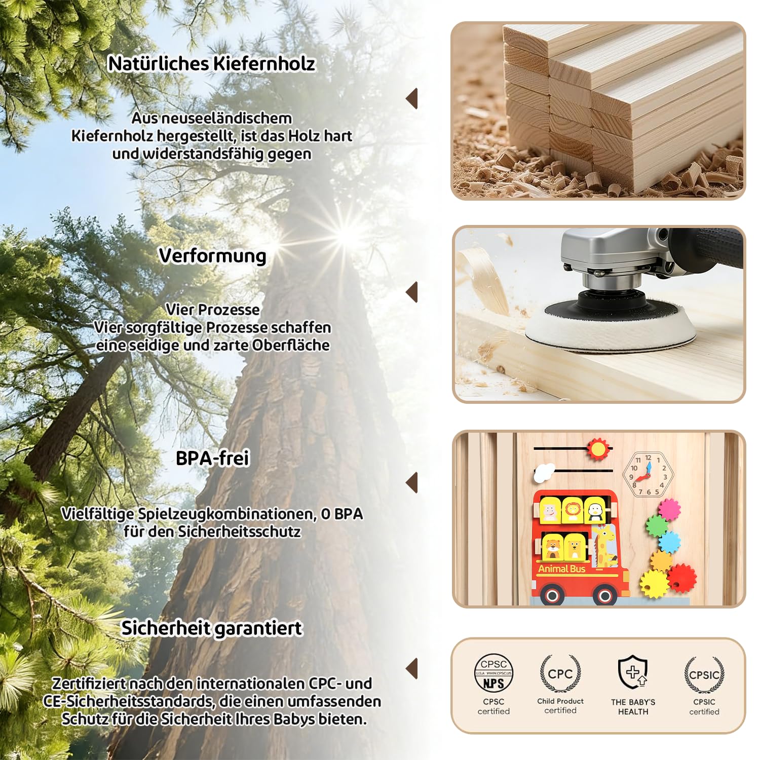 Laufstall Baby Holz, Faltbares XL Laufgitter mit Tür, Verstellbare Groß & Form, Montessori Aktivitätsspielzeug, Schneller Aufbau, Sicherer Spielbereich für Babys und Kleinkinder (1–3 Jahre)