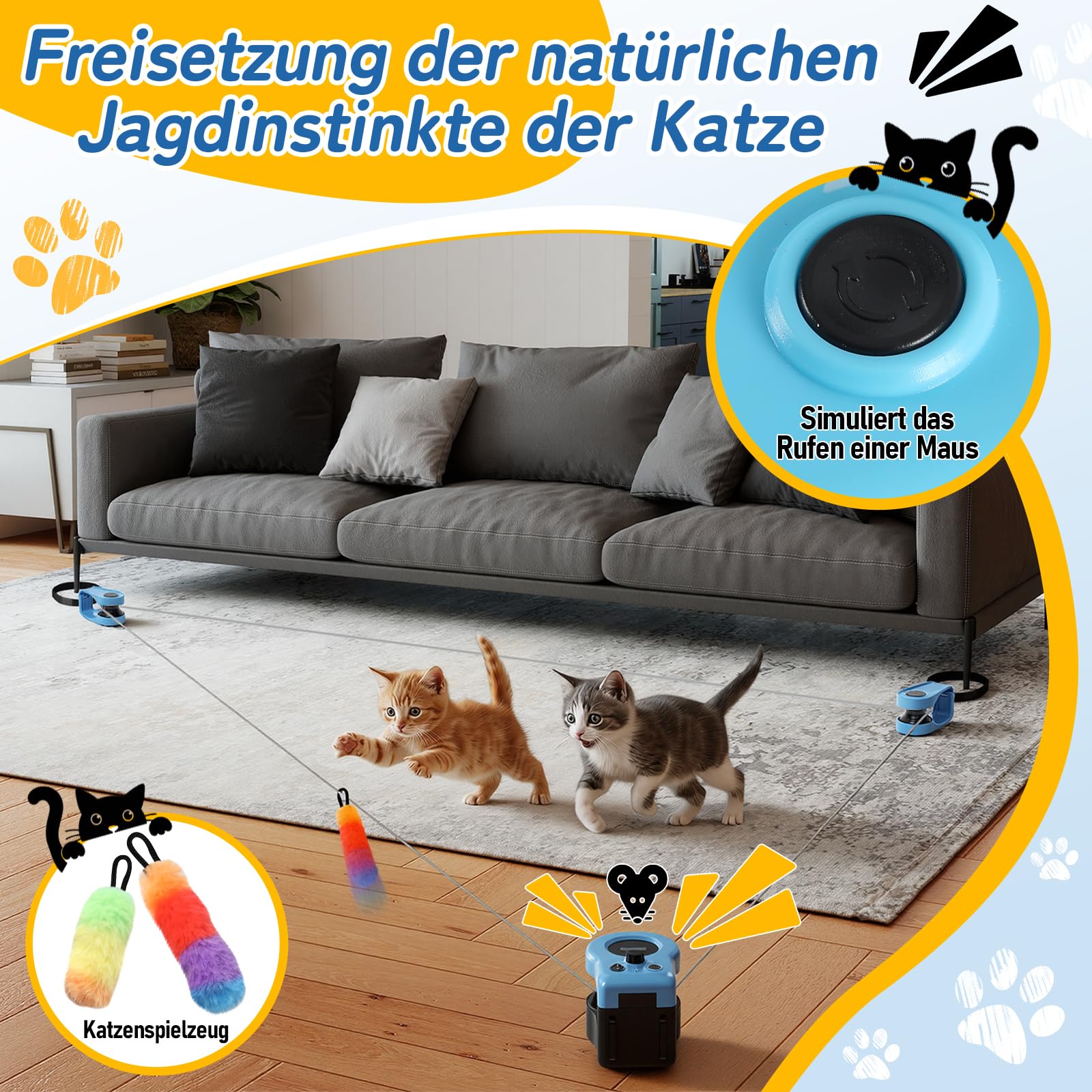 Daromigo Elektrisches Katzenspielzeug mit 3 Umlenkrollen, Fernbedienung
