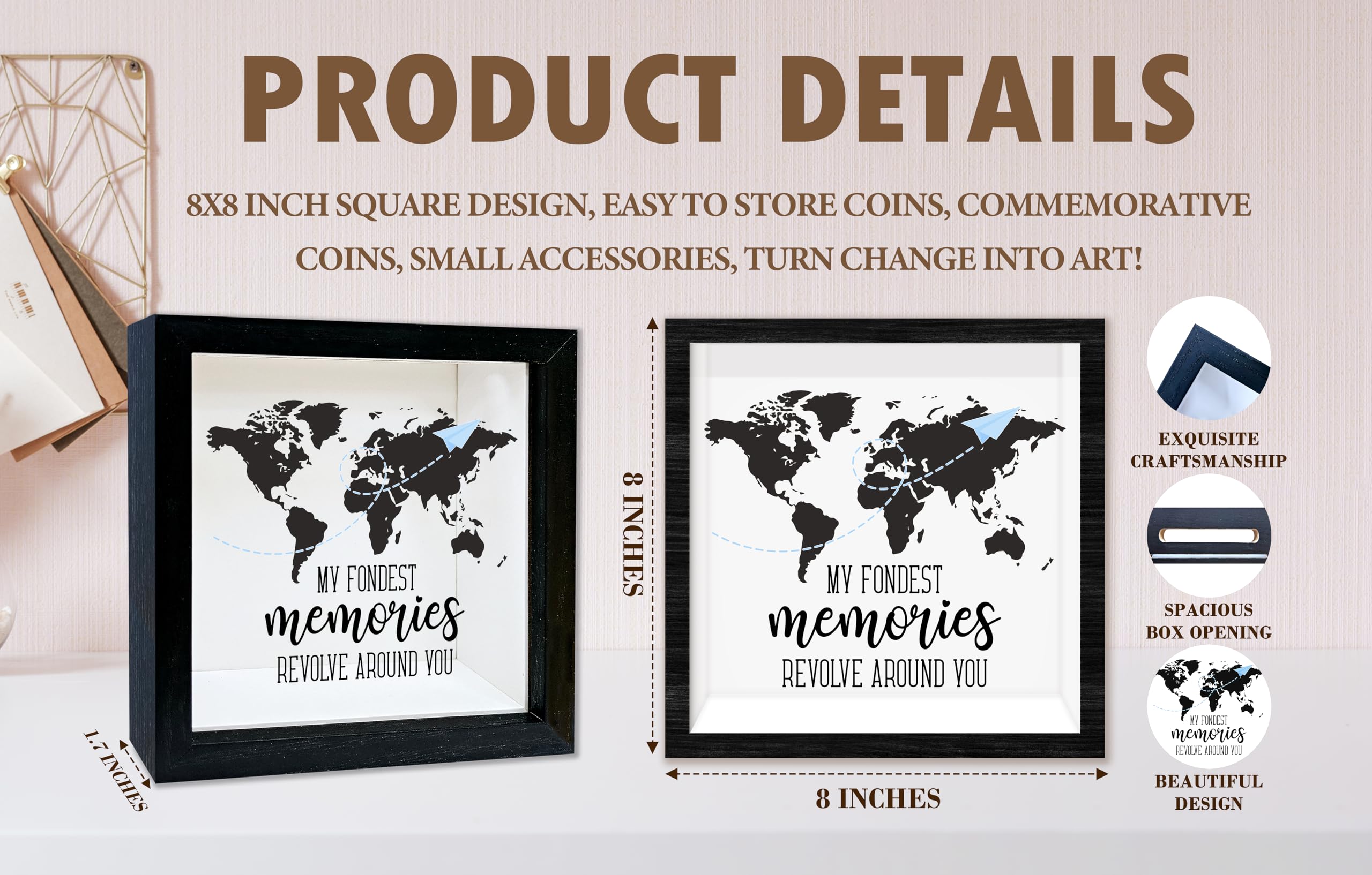 Black Travel Shadow Box Frame with Slot, My Fondest Memories Revolve Around You Boxes Frames for Fund, 8x8 Memory Box for Keepsakes, Travel Gifts and Decorations, 07