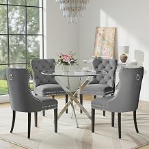 Round Glass Dining Table Set for 4, Modern 36 Inch Glass Kitchen Table with Silver Stainless Steel Legs and 4 Grey Velvet Chairs, for Dining Room, Apartment, Small Space