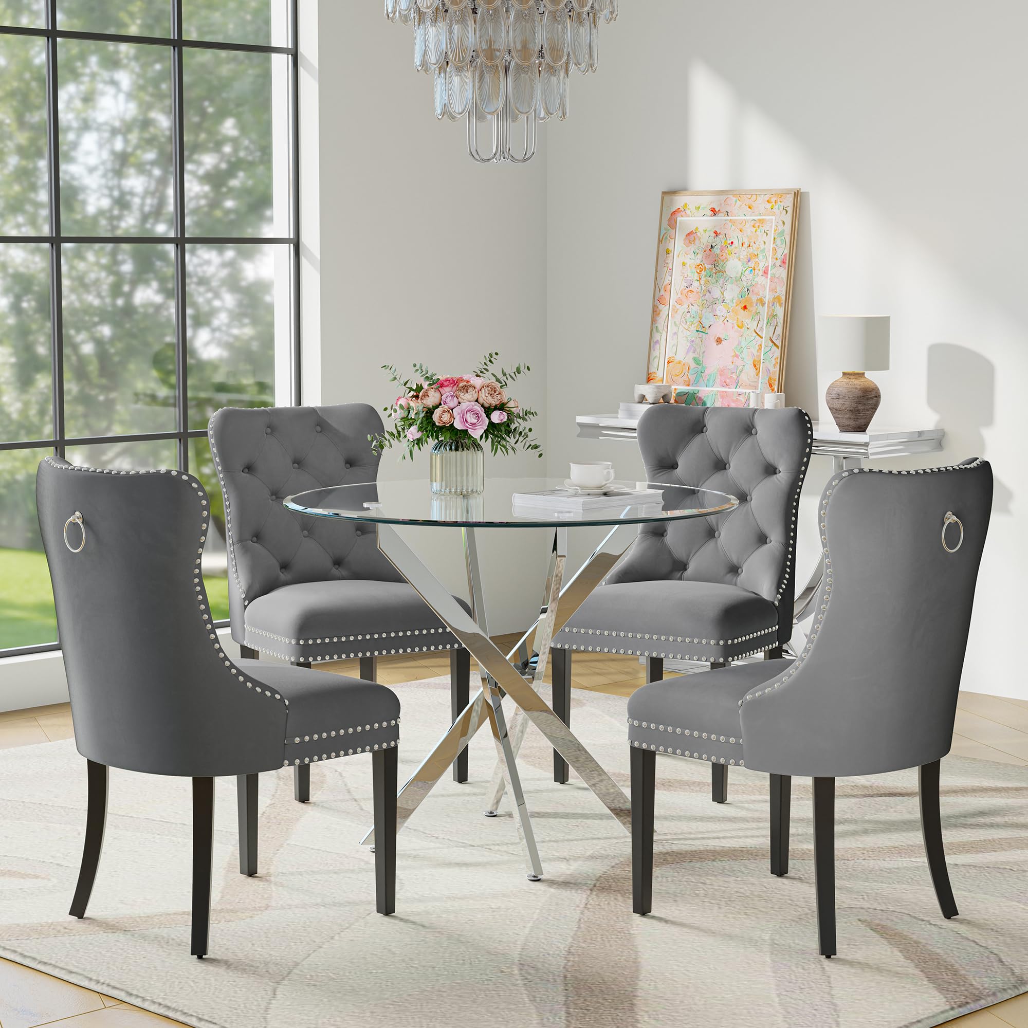 Modehodei Round Glass Dining Table Set for 4