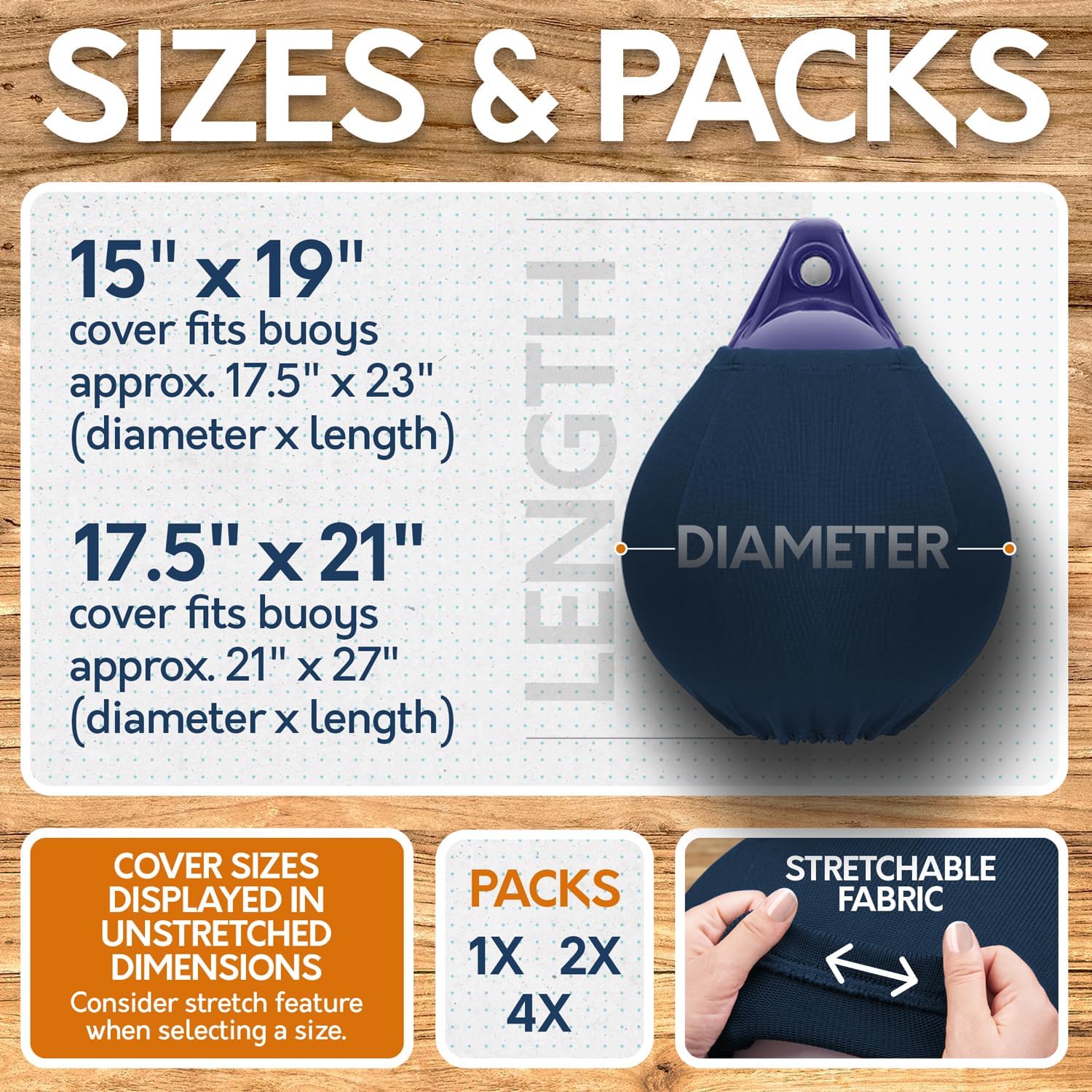 Boat Buoy Covers | 1, 2 & 4-Pack | Navy Blue | Diameter x Length: 15″ x 19″ & 17.5″ x 21″ | Polyester (1-Pack & 15″ x 19″)