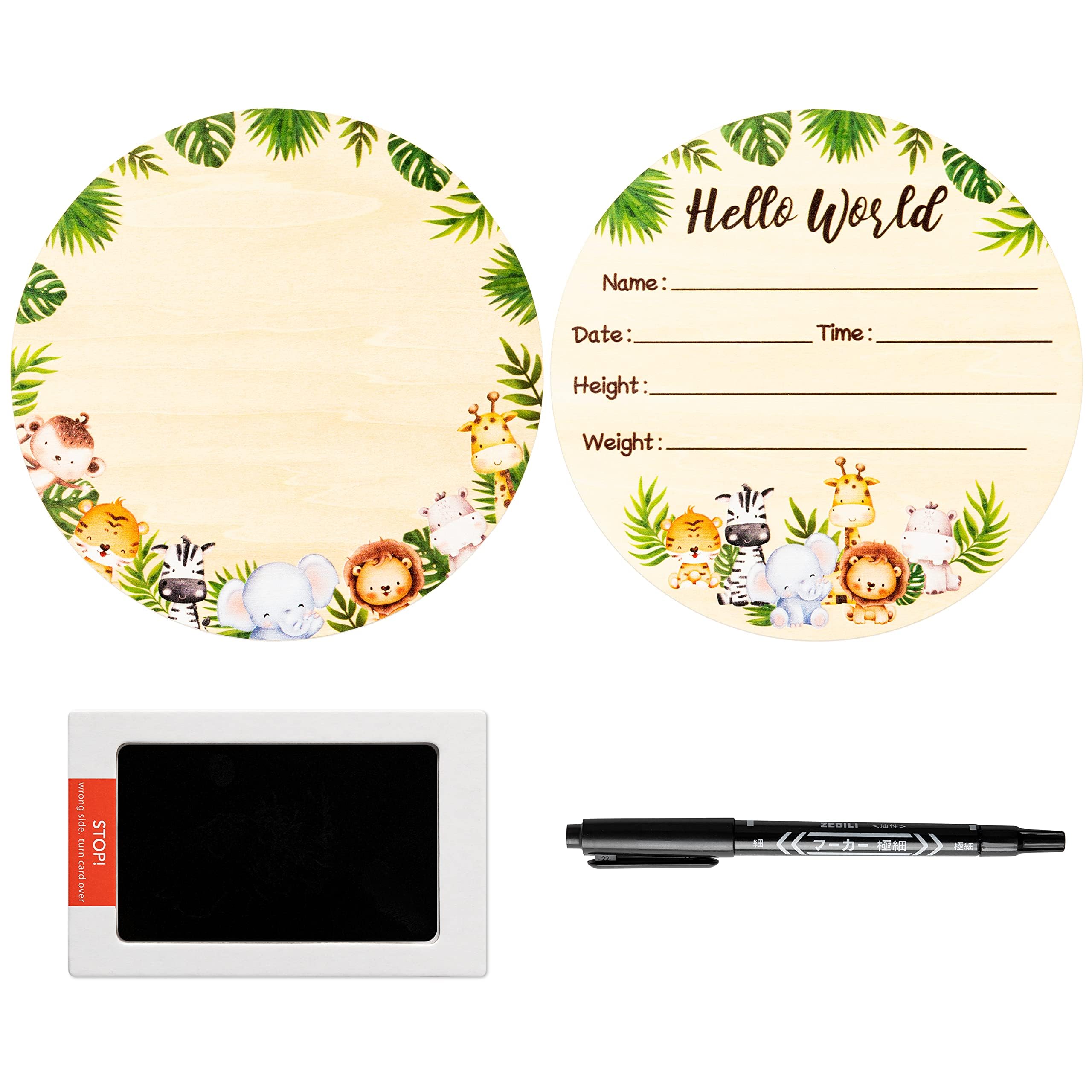 R HORSE Baby Birth Announcement Sign with Marker Pen, Safari Animals Baby Name Sign with Ink Pad for Hand and Footprints, Wooden Hello World Newborn