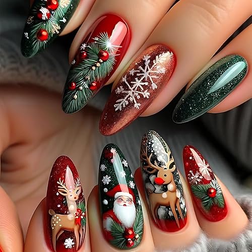 Christmas Press On Nails Medium Almond Red Green Fake Nails
