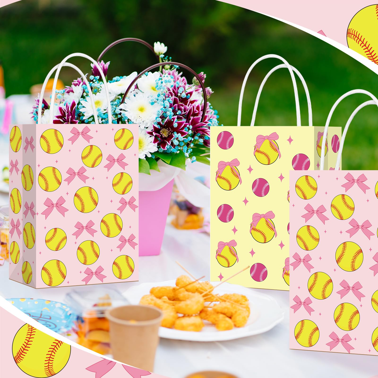 Eersida 16 Pcs Pink Bow Softball Snack Bags for Team with Handles Bulk 2 Styles Softball Candy Treat Bags Birthday Supplies Sports Party Gifts